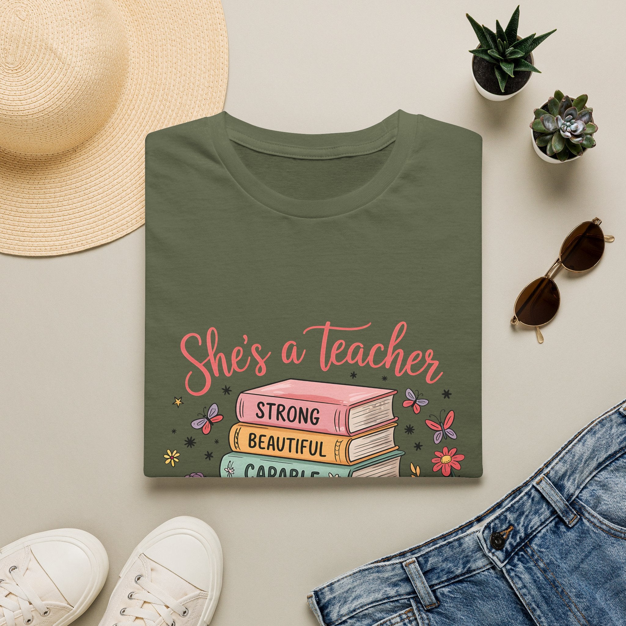 She's a Teacher stack of books floral design T-Shirt | teacher appreciation, inspirational quote