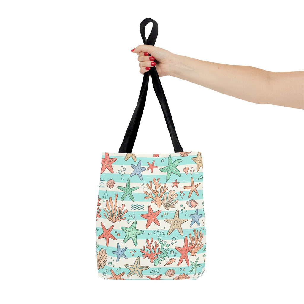 Starfish Coral Pattern Tote Bag | Beach Sea Life Striped Nautical Design