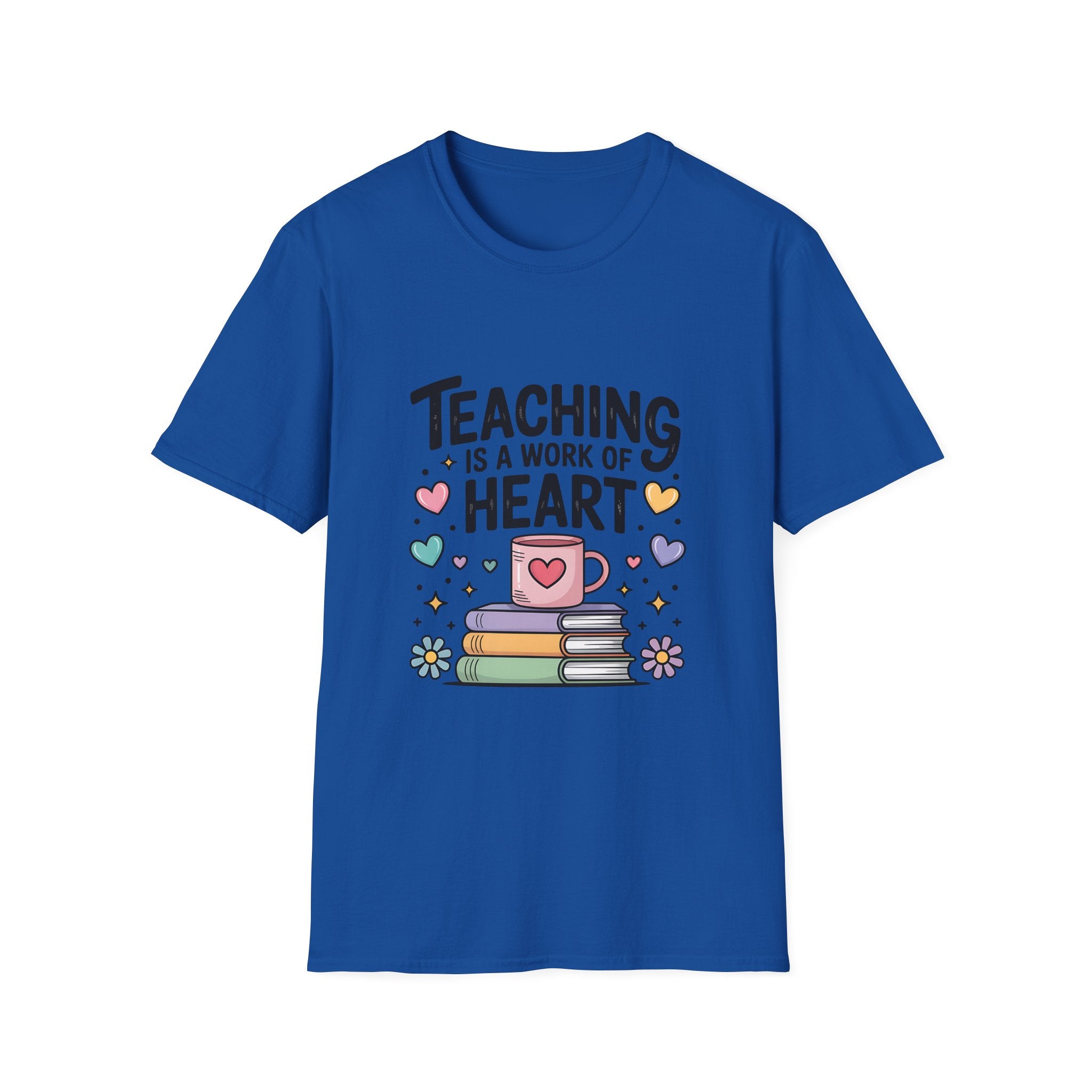 Teaching Is A Work Of Heart T-Shirt | Teacher Mug and Books Illustration