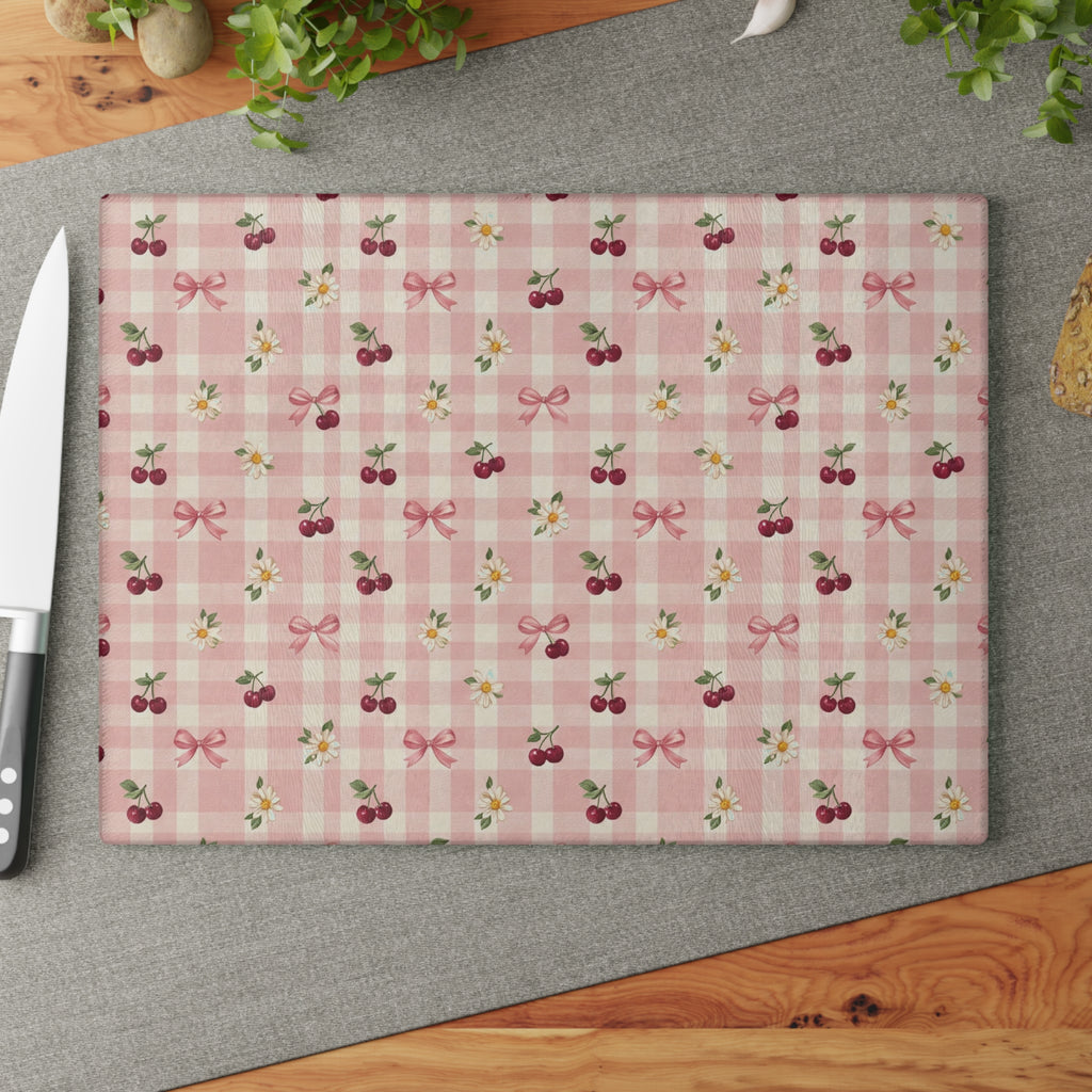 Cherry Bow Plaid Glass Cutting Board | Pink Floral Cherry Pattern