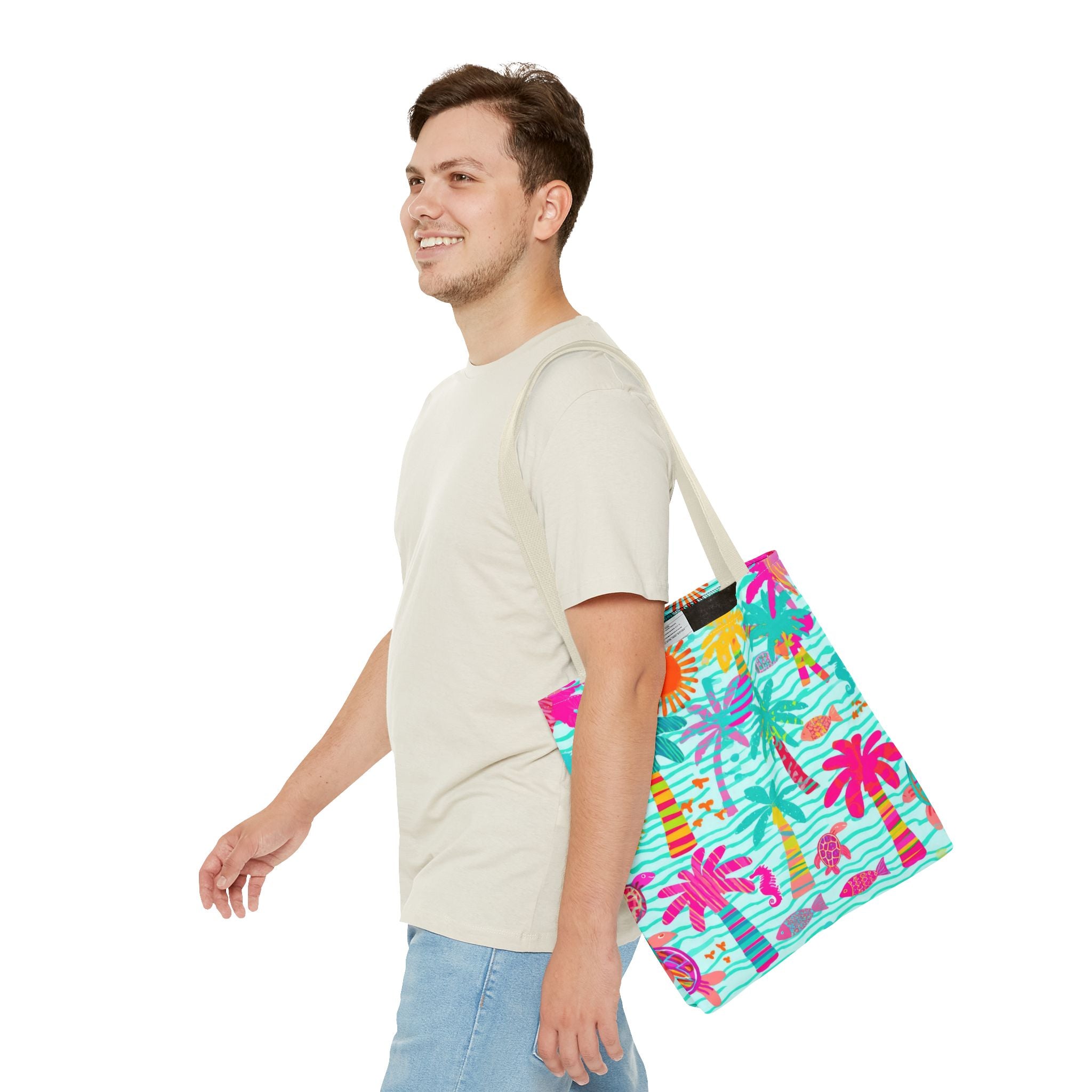 Tropical Palm Pattern Tote Bag | Colorful Beach Palms Stripe All-Over Print