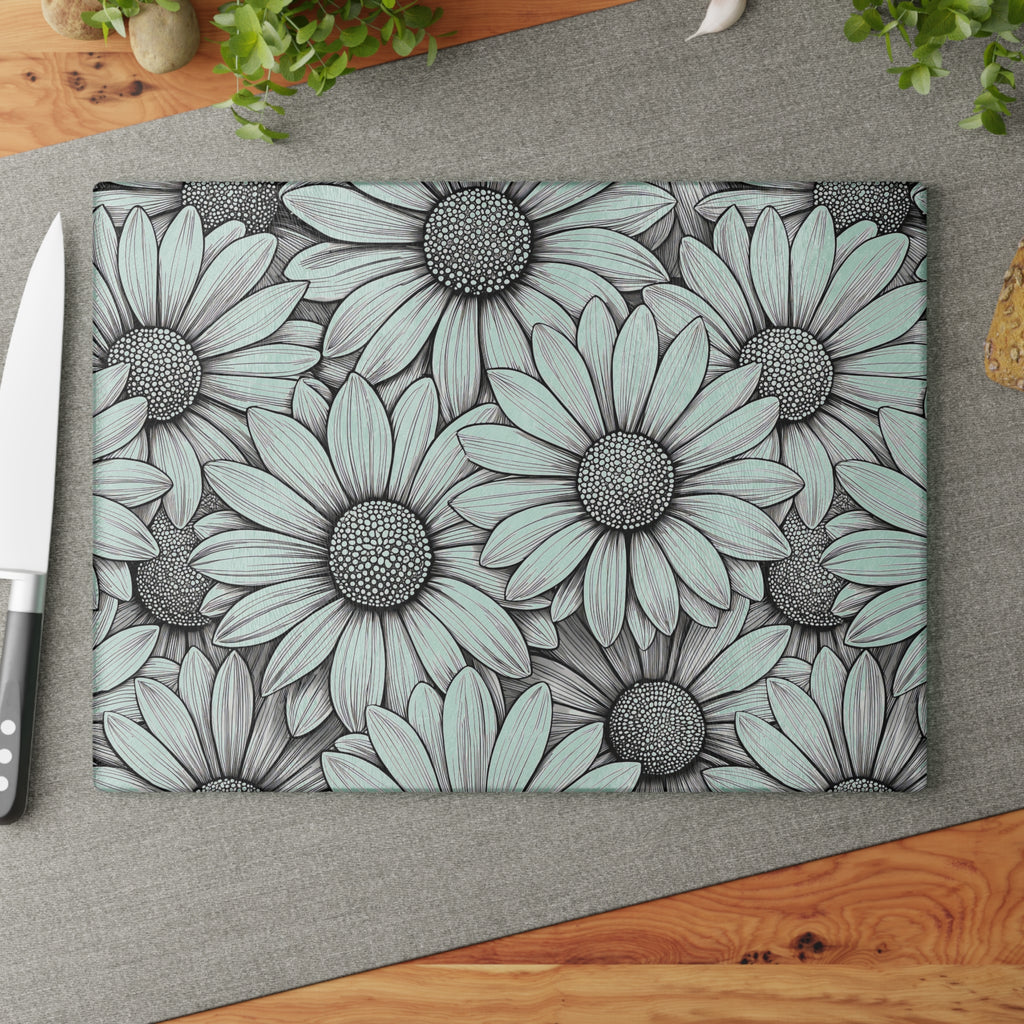 Daisy Floral Pattern Glass Cutting Board | Black White Sunflowers