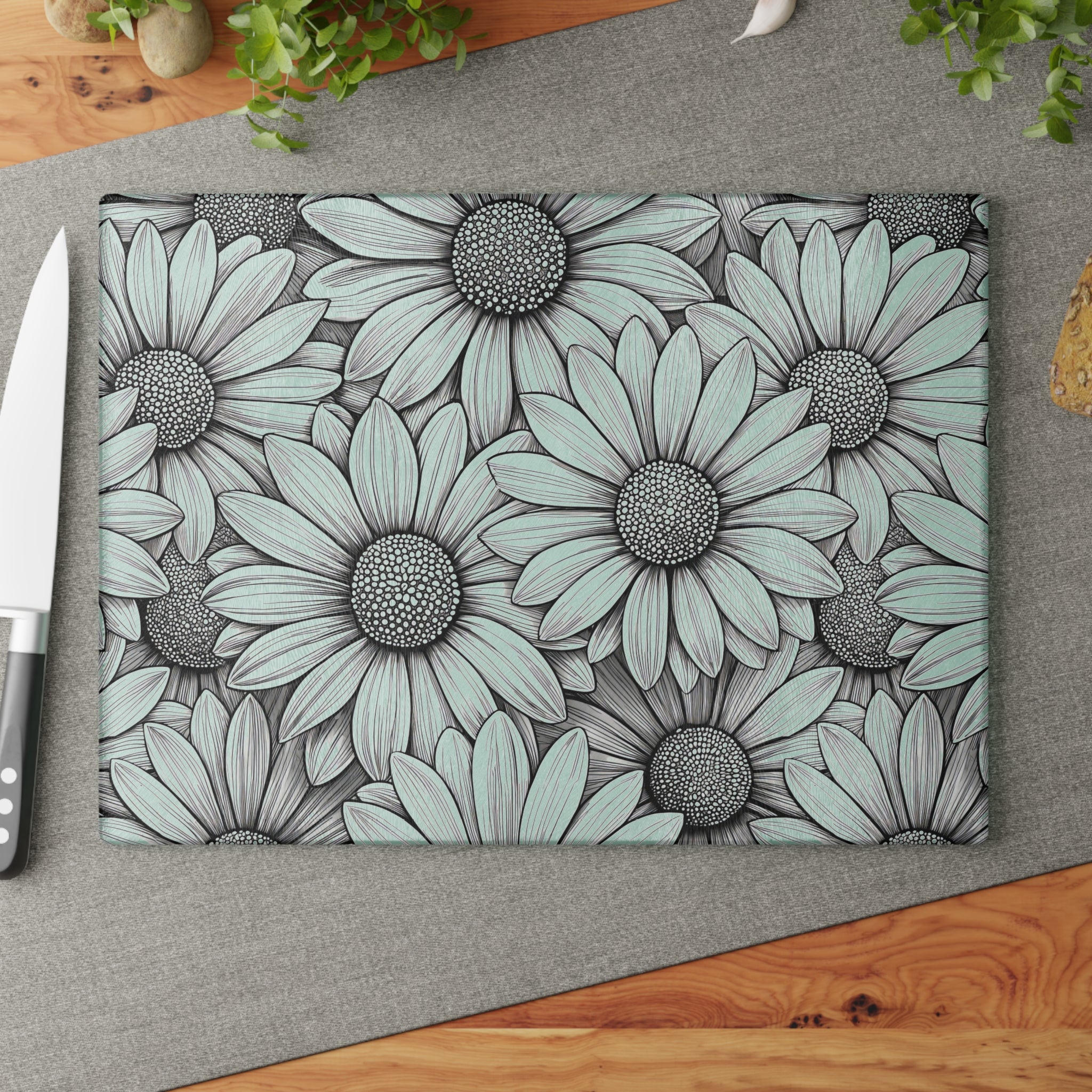 Daisy Floral Pattern Glass Cutting Board | Black White Sunflowers