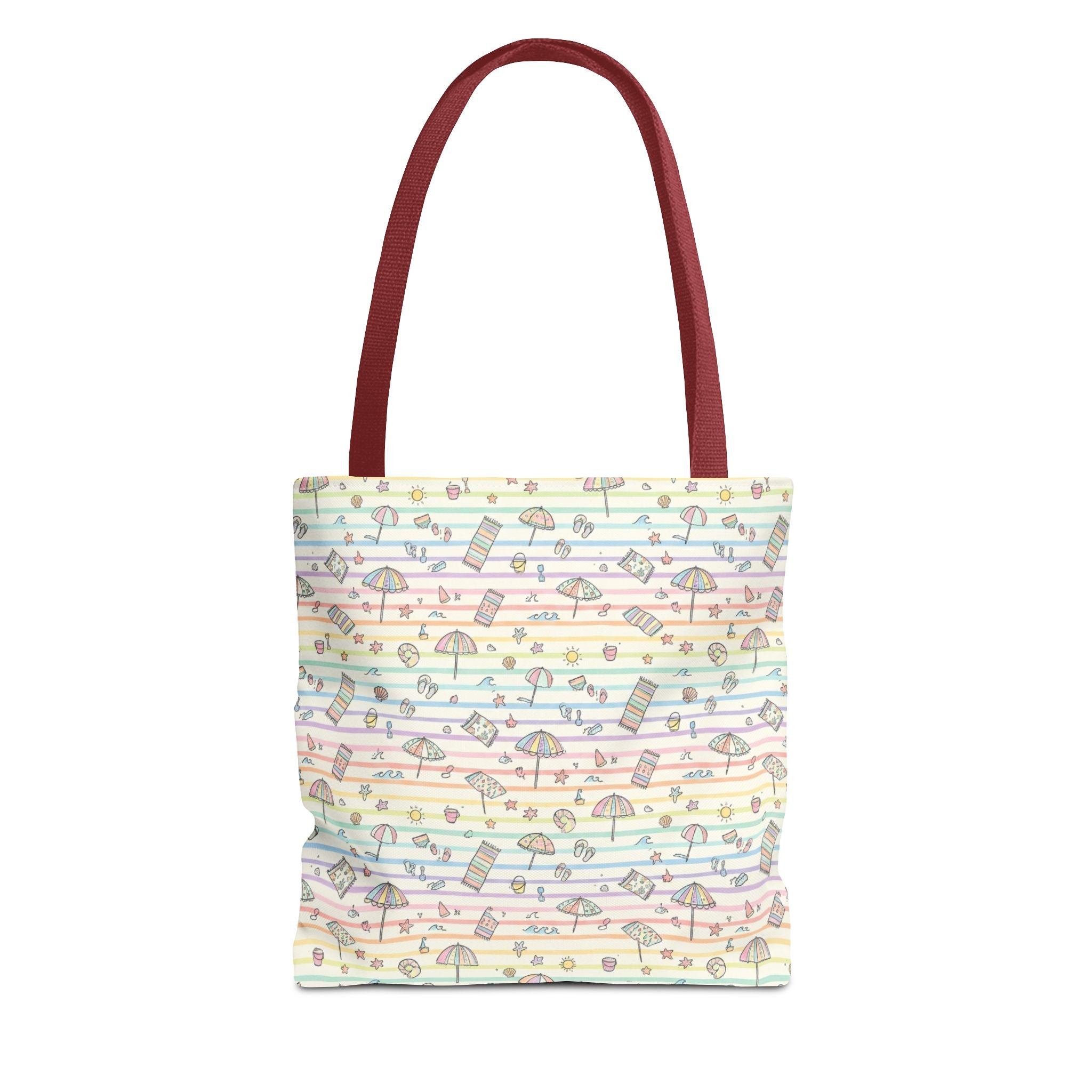 Pastel Beach Pattern Tote Bag | Seashells, Umbrellas, Flip Flops