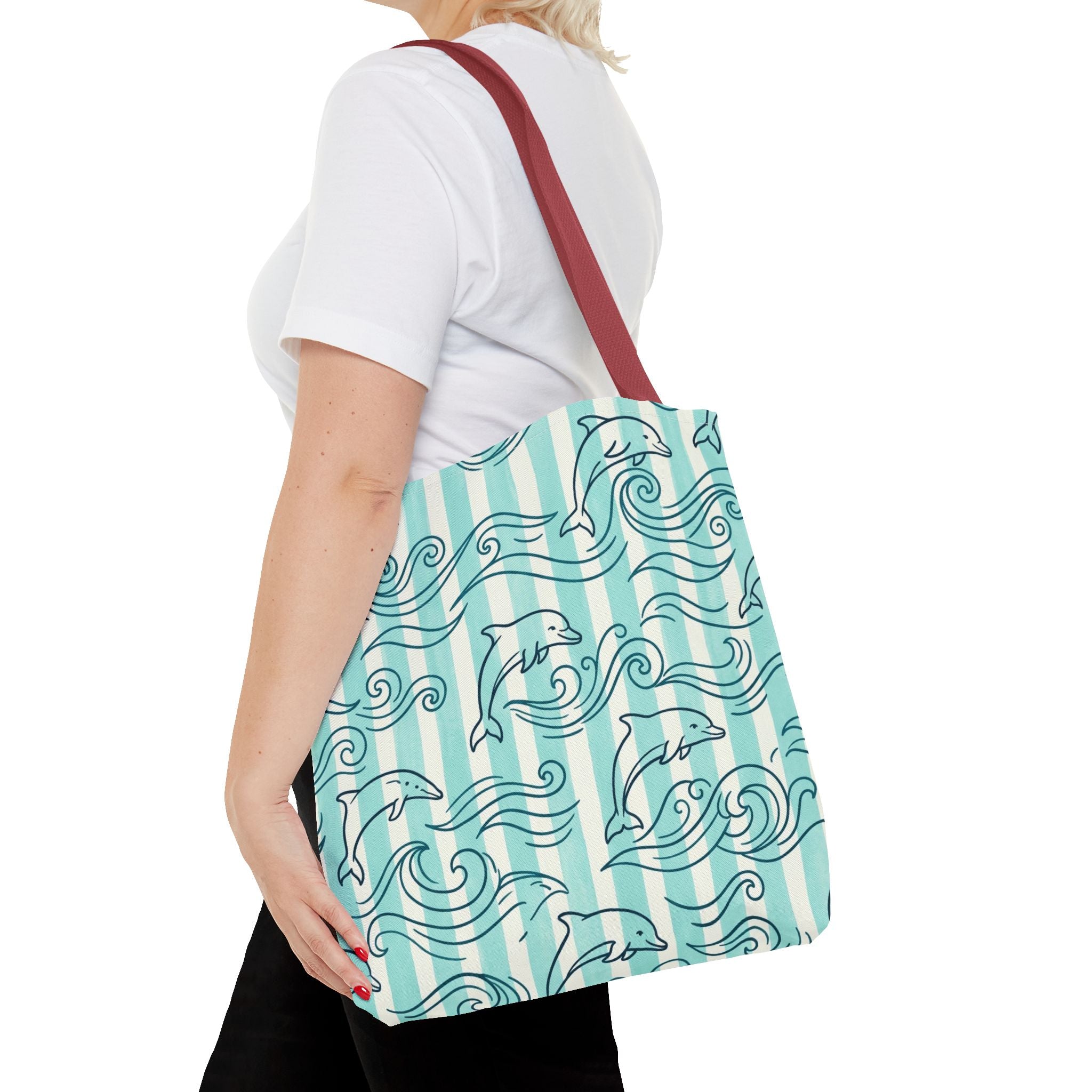 Dolphin Wave Pattern Tote Bag | Aqua Striped Ocean Design