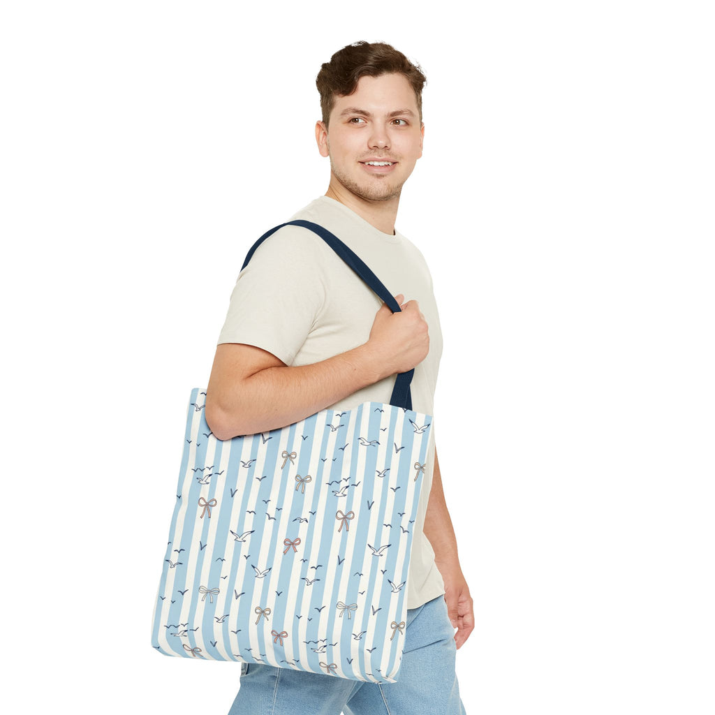 Blue Striped Bows and Birds Tote Bag