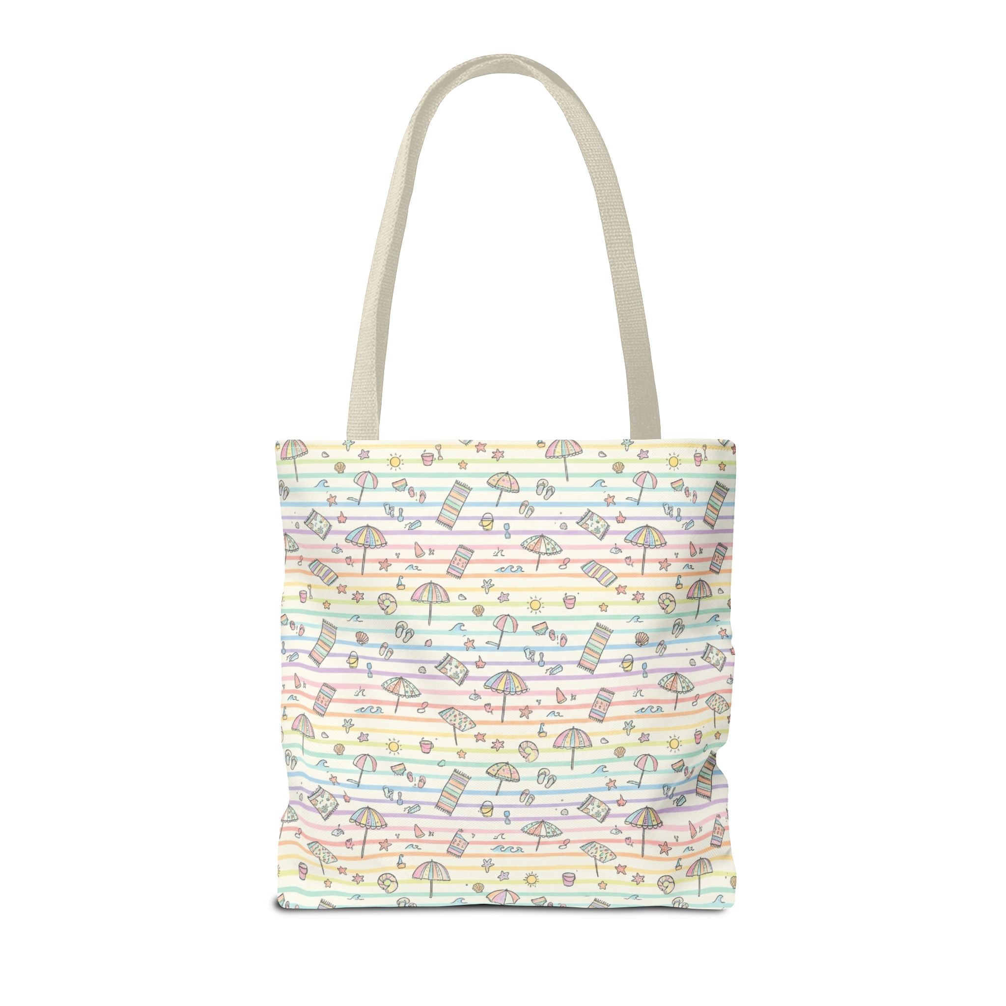 Pastel Beach Pattern Tote Bag | Seashells, Umbrellas, Flip Flops