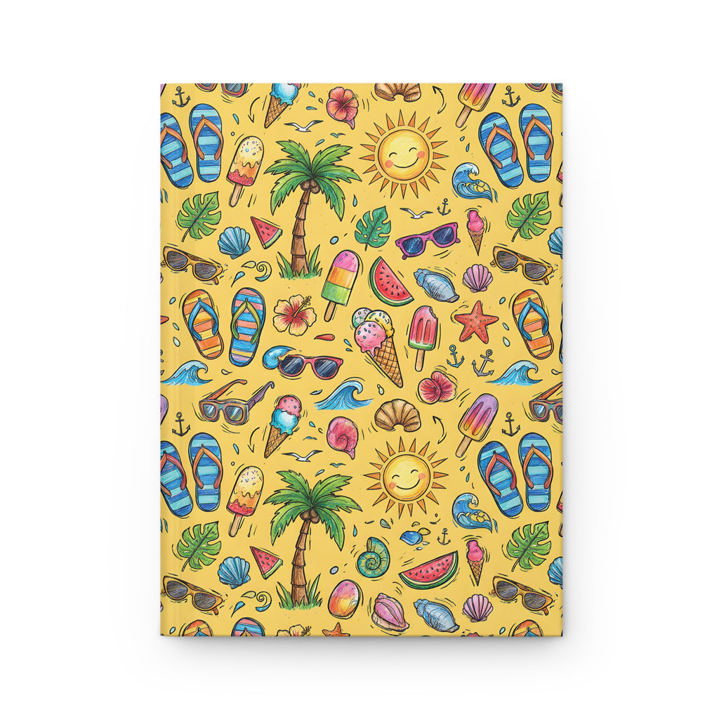 Summer Vibes Hardcover Journal  Beach Pattern Notebook with Sunglasses, Flip Flops & Ice Cream
