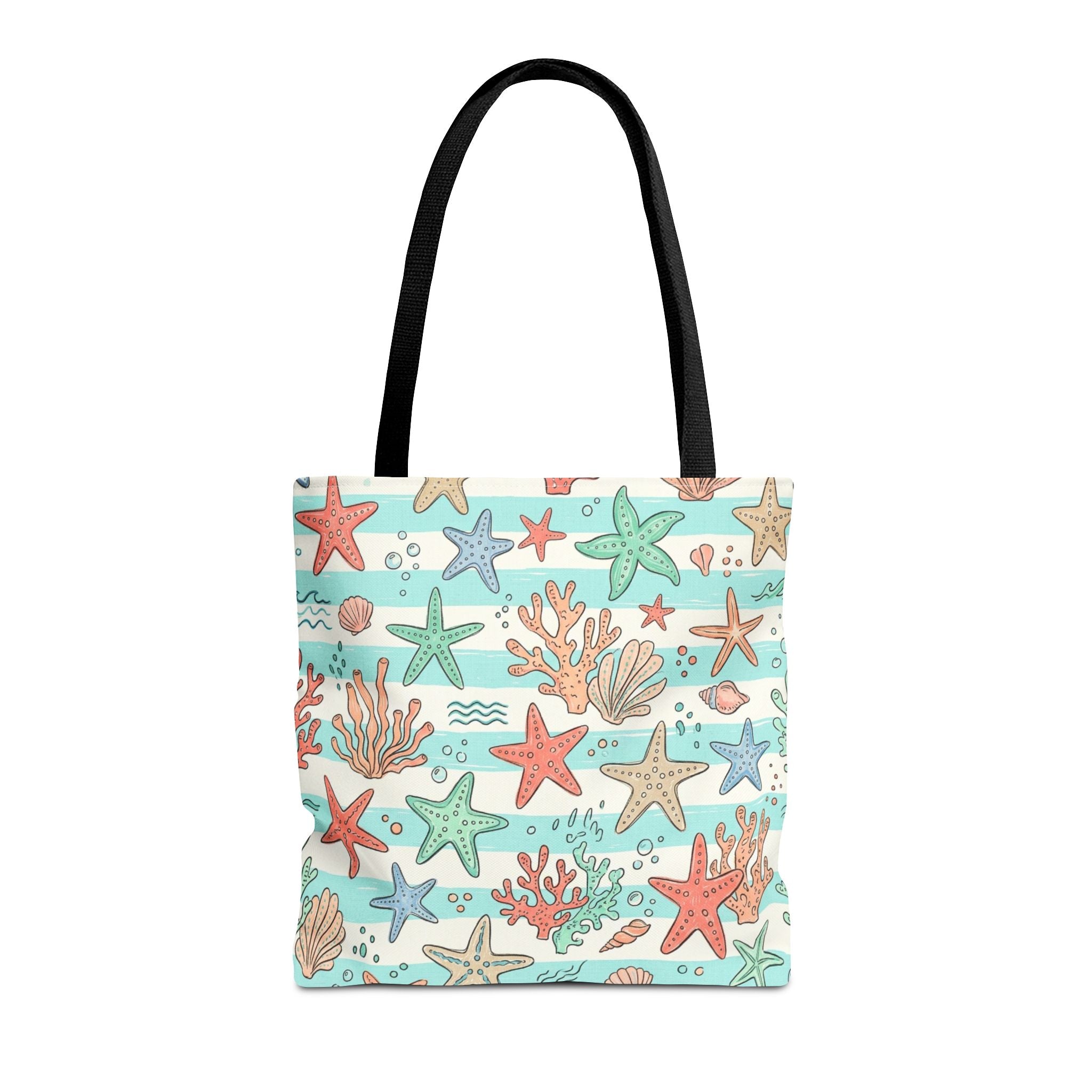 Starfish Coral Pattern Tote Bag | Beach Sea Life Striped Nautical Design