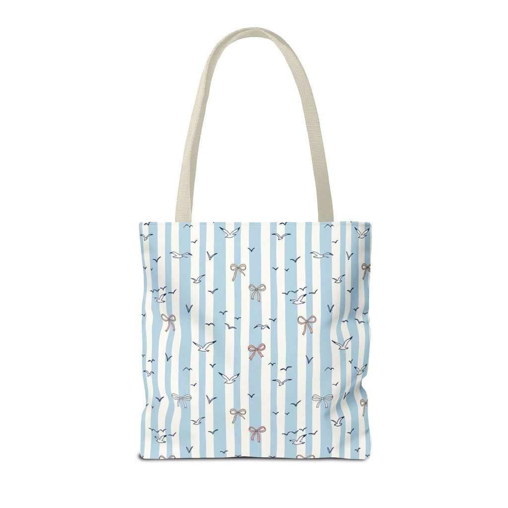 Blue Striped Bows and Birds Tote Bag