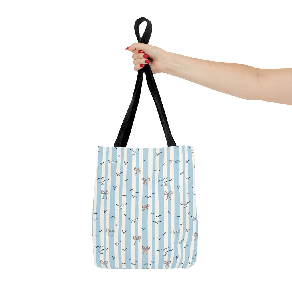 Blue Striped Bows and Birds Tote Bag