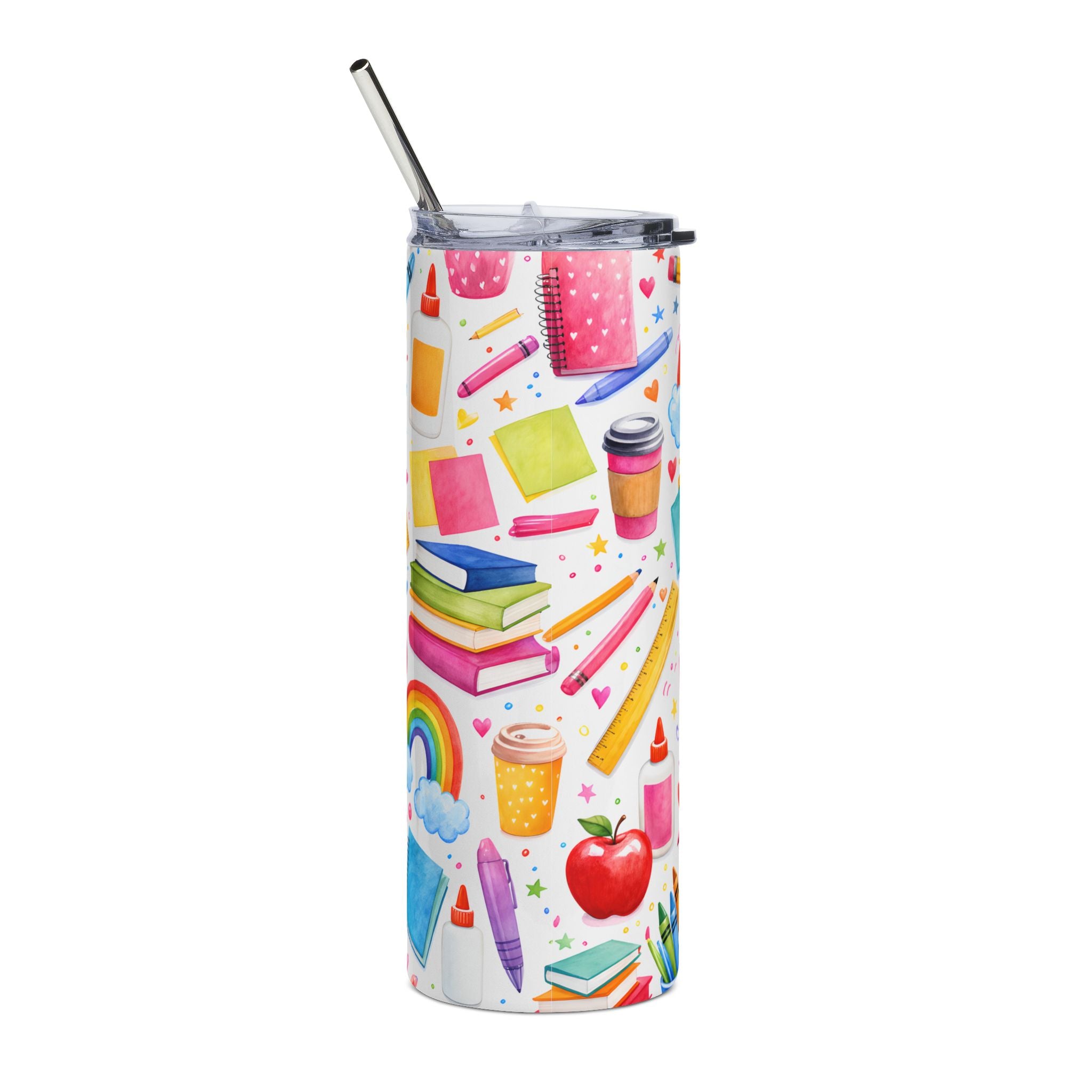 20oz Stainless Steel Tumbler — Colorful School Supplies Pattern (Crayons, Rainbows, Apple)