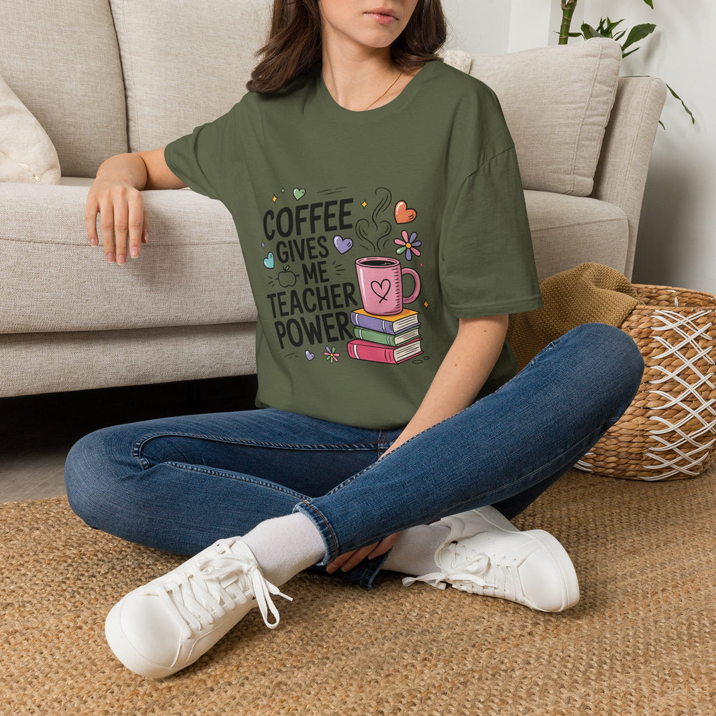 Coffee Gives Me Teacher Power T-Shirt | Teacher Coffee Mug Stack Design