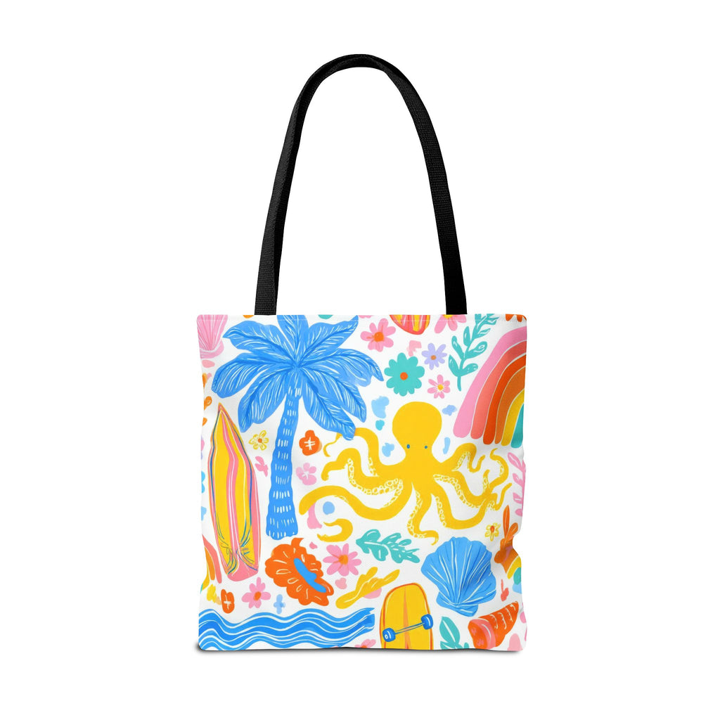 Colorful Beach Octopus Tote Bag | Tropical Palm, Surfboard, Rainbow Print