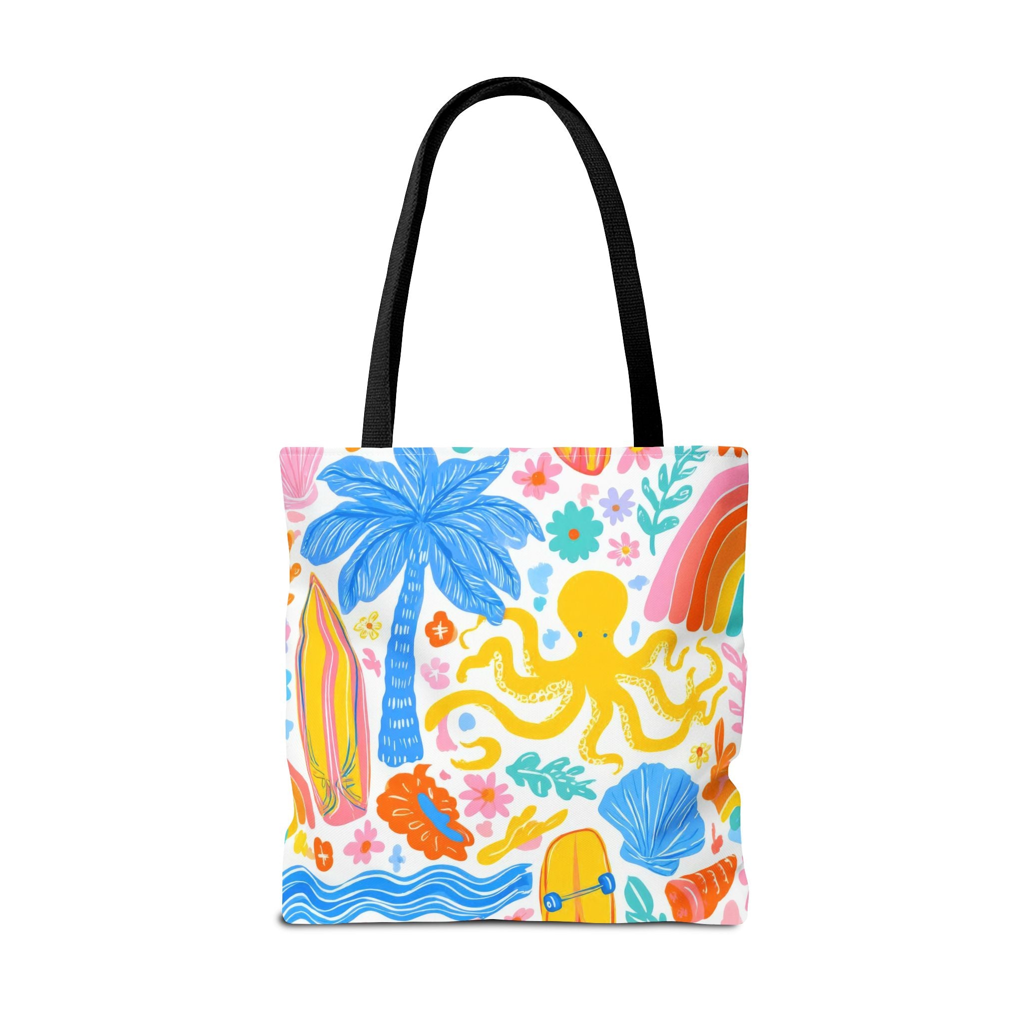 Colorful Beach Octopus Tote Bag | Tropical Palm, Surfboard, Rainbow Print