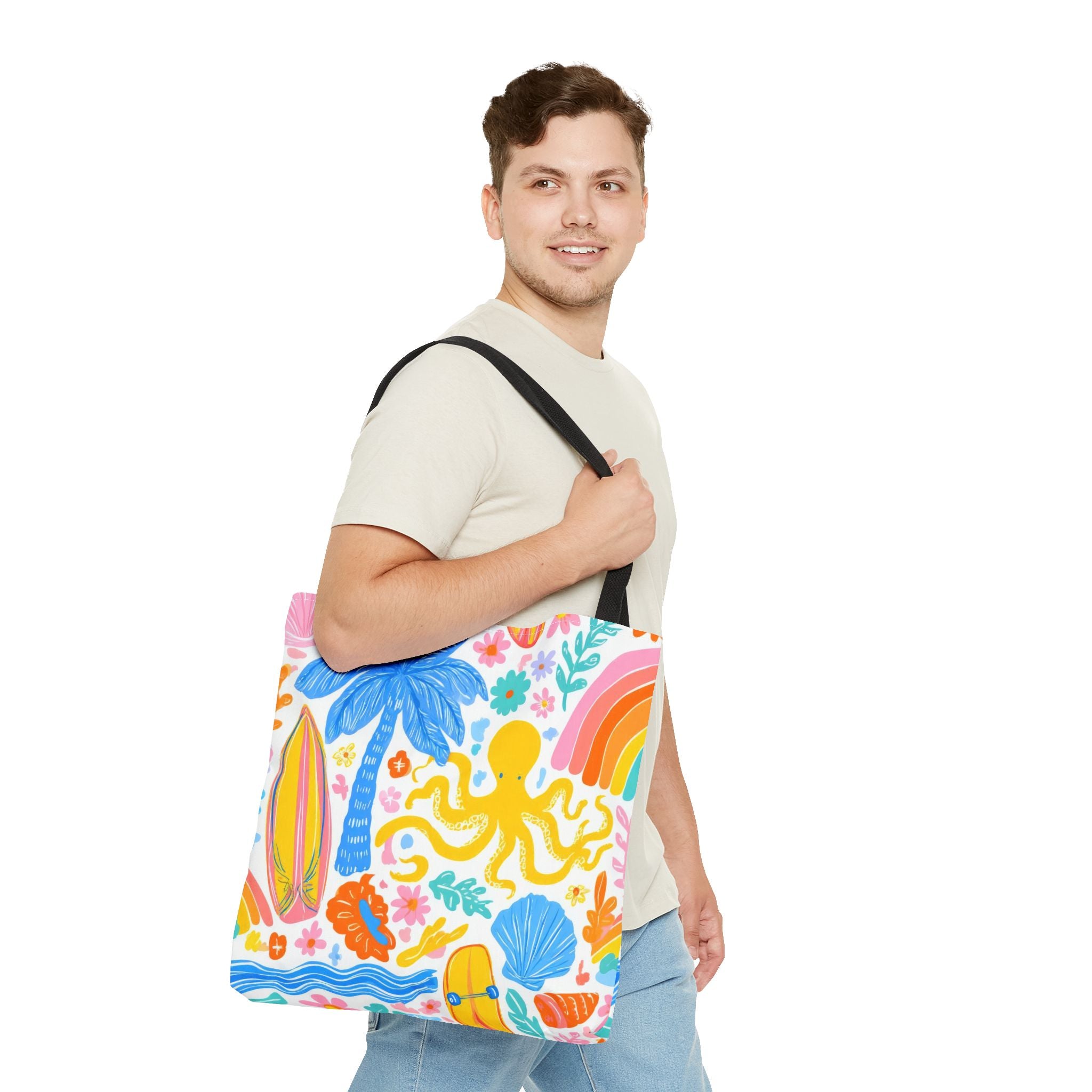 Colorful Beach Octopus Tote Bag | Tropical Palm, Surfboard, Rainbow Print
