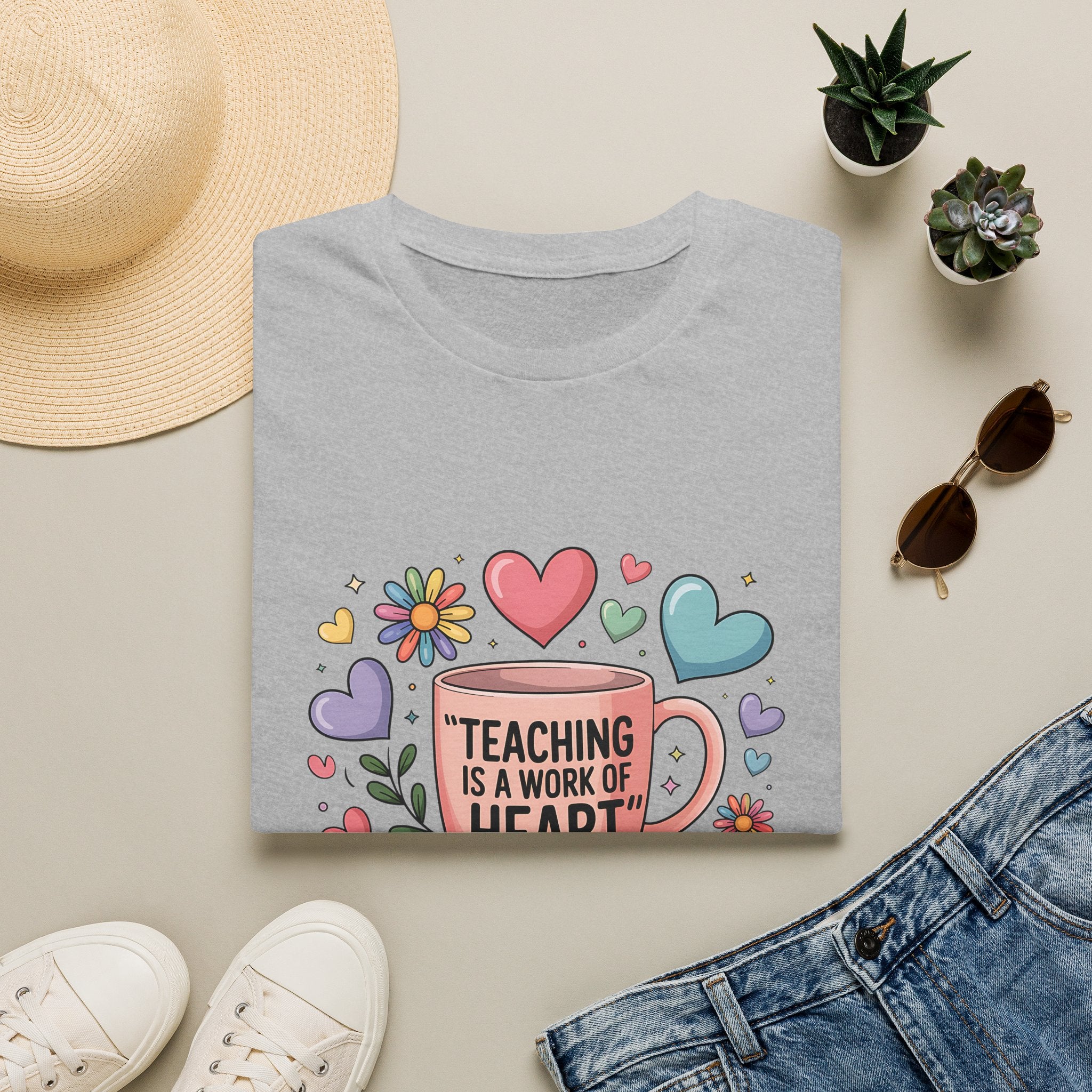 Teaching Is a Work of Heart T-Shirt | Teacher Mug and Books Design