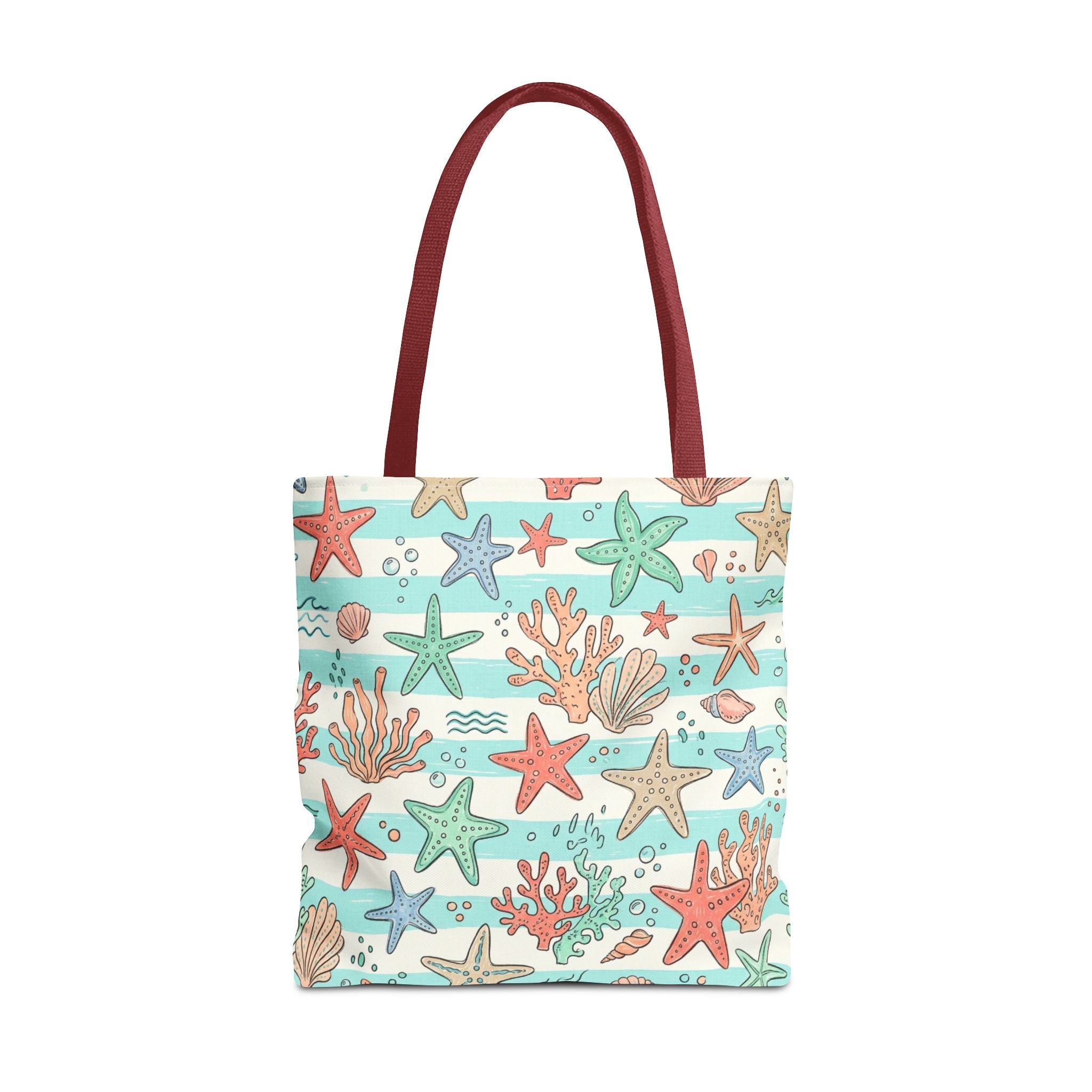 Starfish Coral Pattern Tote Bag | Beach Sea Life Striped Nautical Design