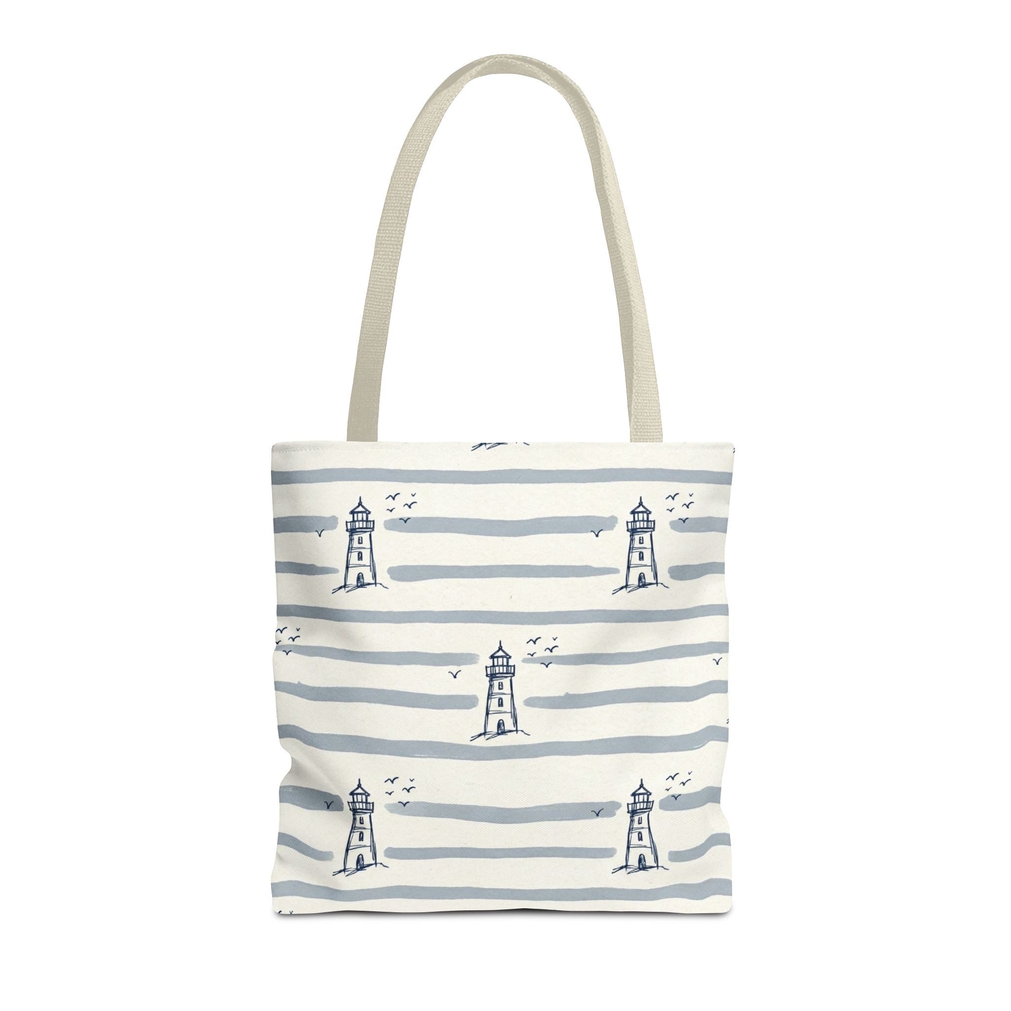 Nautical Lighthouse Pattern Tote Bag | Striped Coastal Beach Tote