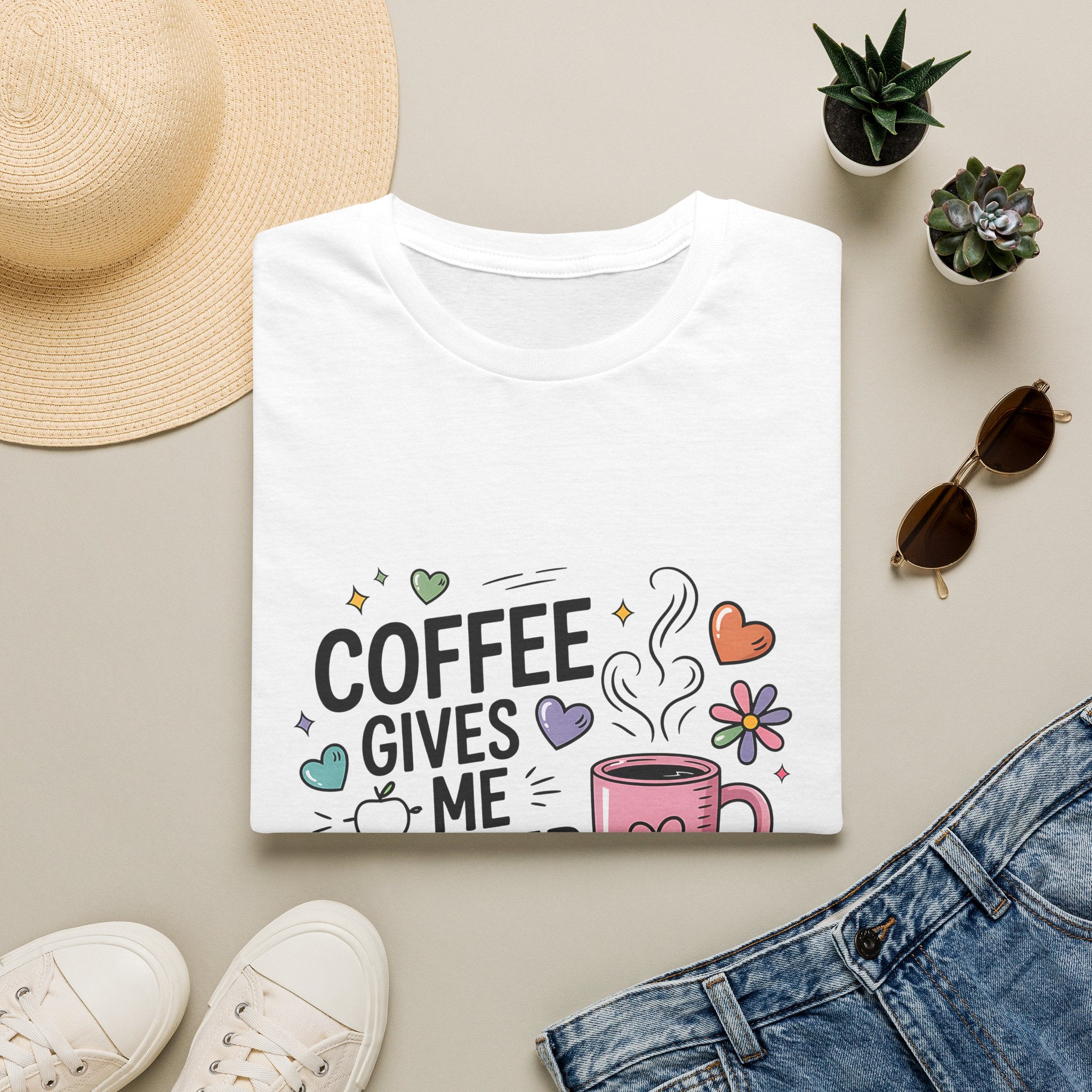 Coffee Gives Me Teacher Power T-Shirt | Teacher Coffee Mug Stack Design