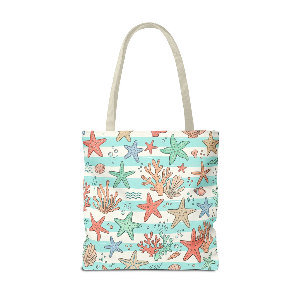 Starfish Coral Pattern Tote Bag | Beach Sea Life Striped Nautical Design