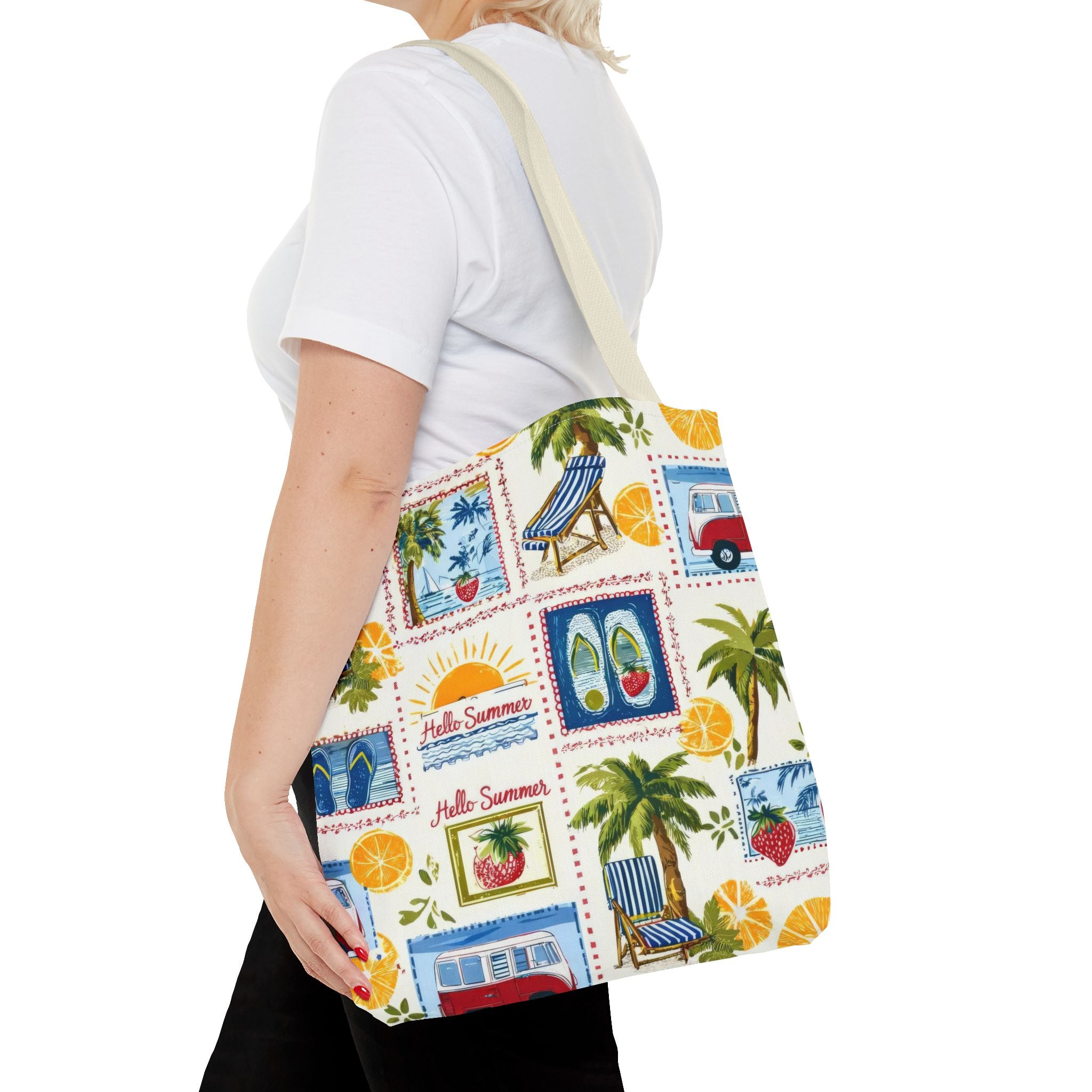 Hello Summer collage Tote Bag | beach palm trees flip flops camper van