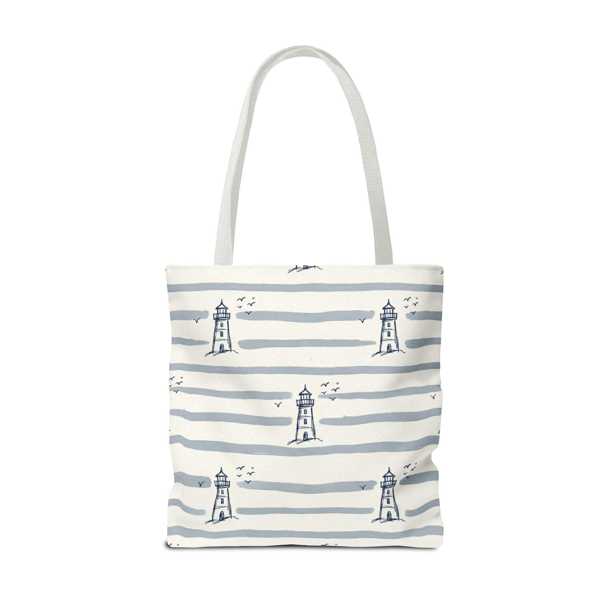 Nautical Lighthouse Pattern Tote Bag | Striped Coastal Beach Tote