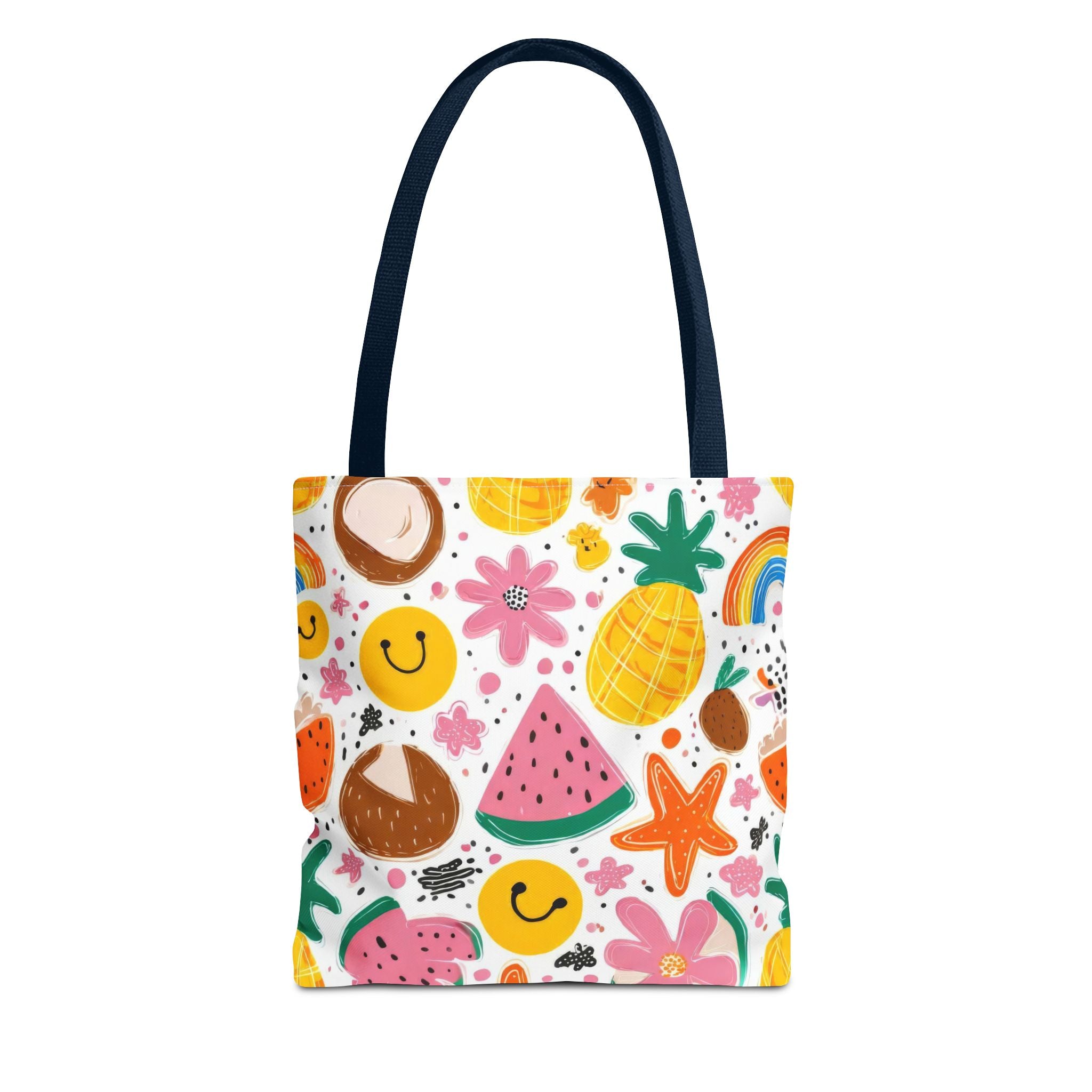 Tropical Fruit Pattern Tote Bag | Pineapple Watermelon Coconut Smiley