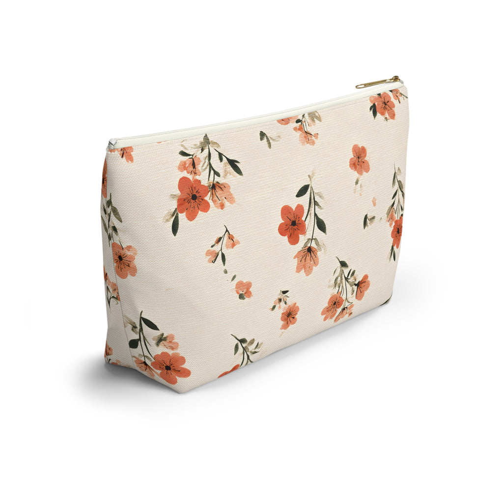 Peach Floral Print Accessory Pouch | T-Bottom Zipper Pouch