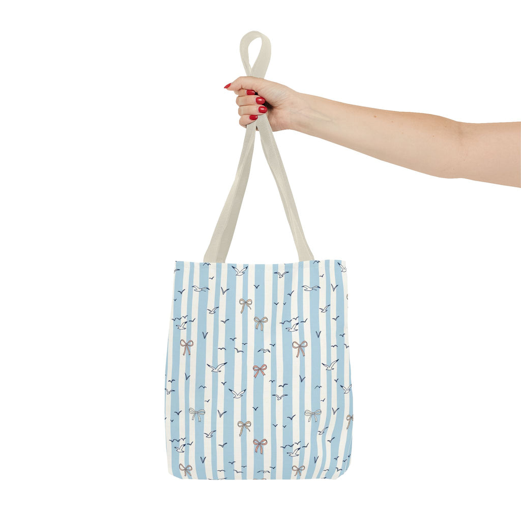 Blue Striped Bows and Birds Tote Bag