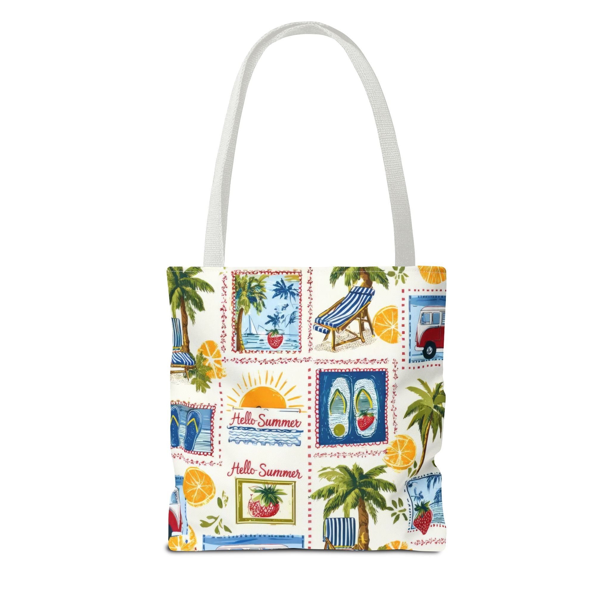 Hello Summer collage Tote Bag | beach palm trees flip flops camper van