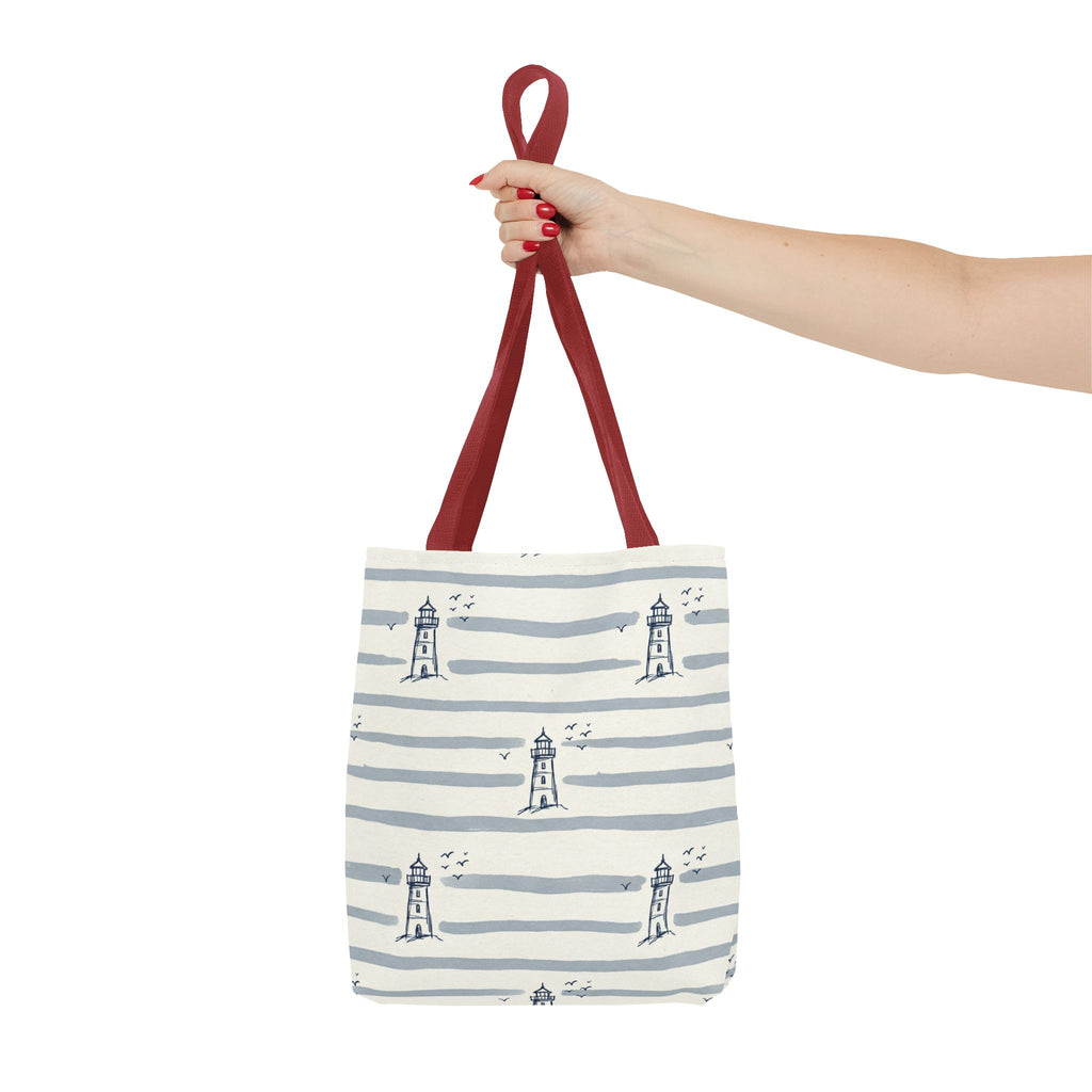 Nautical Lighthouse Pattern Tote Bag | Striped Coastal Beach Tote