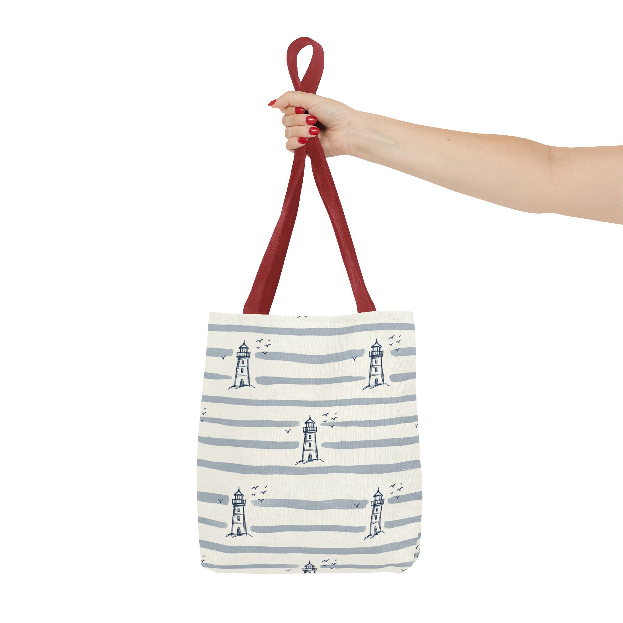 Nautical Lighthouse Pattern Tote Bag | Striped Coastal Beach Tote