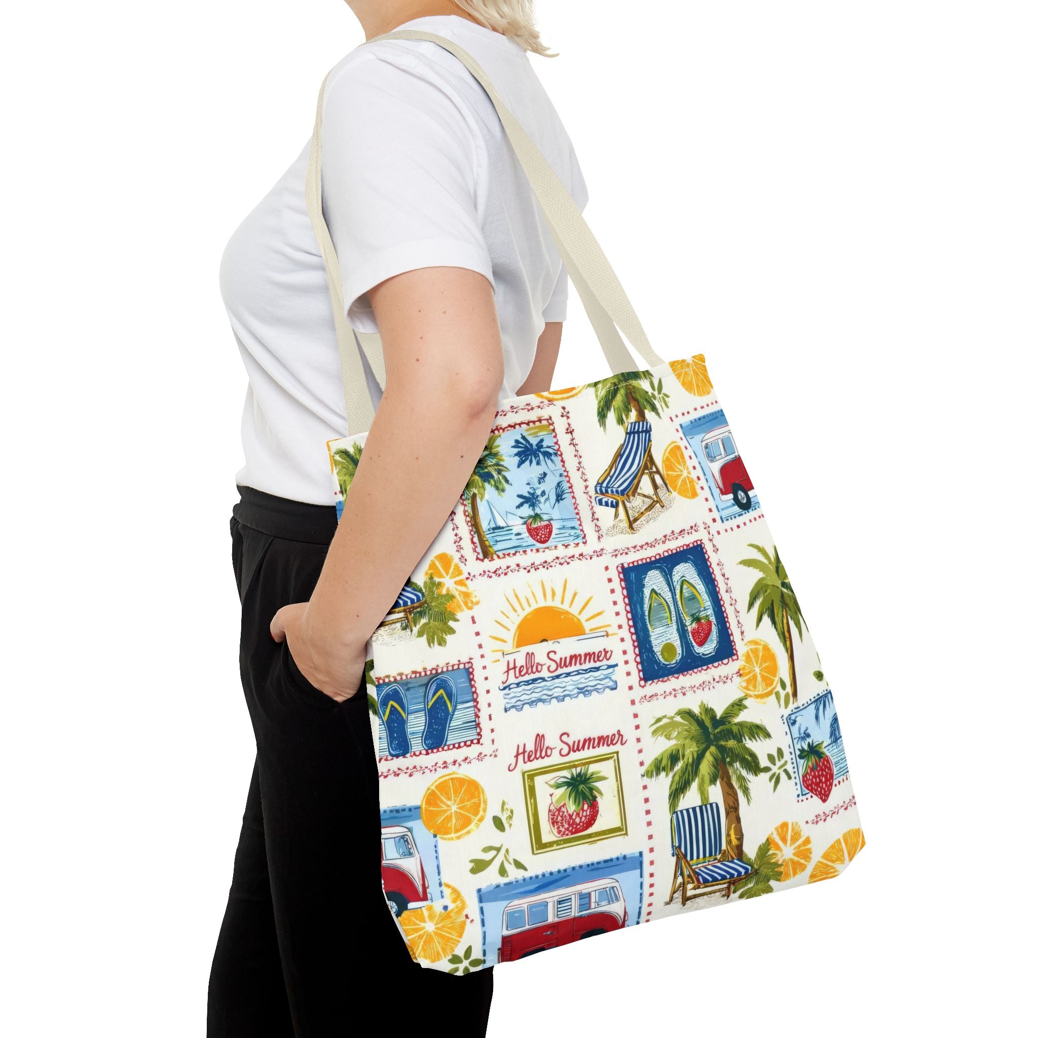 Hello Summer collage Tote Bag | beach palm trees flip flops camper van