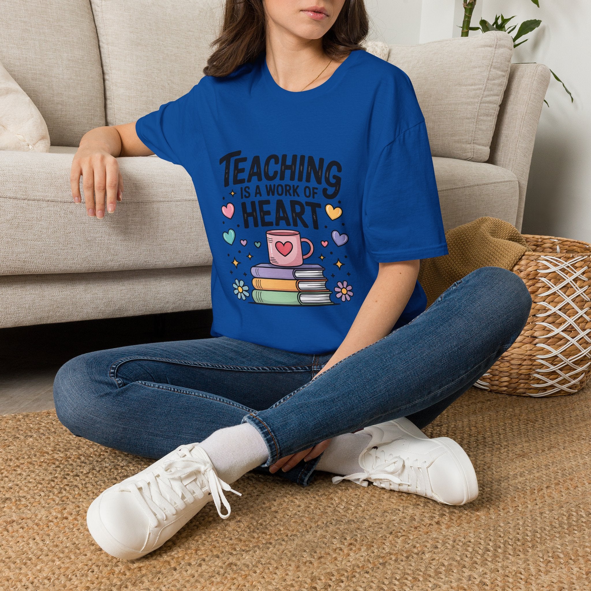 Teaching Is A Work Of Heart T-Shirt | Teacher Mug and Books Illustration