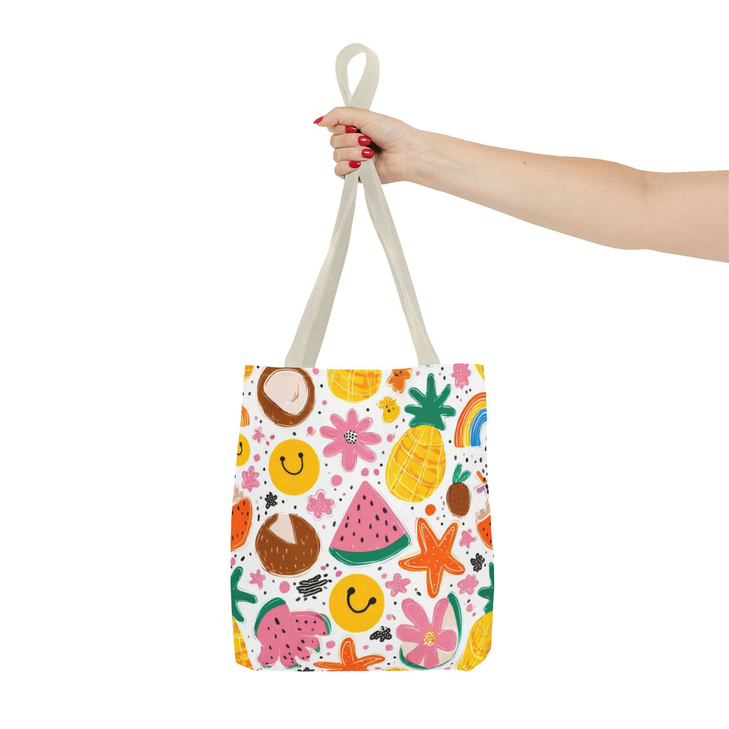 Tropical Fruit Pattern Tote Bag | Pineapple Watermelon Coconut Smiley