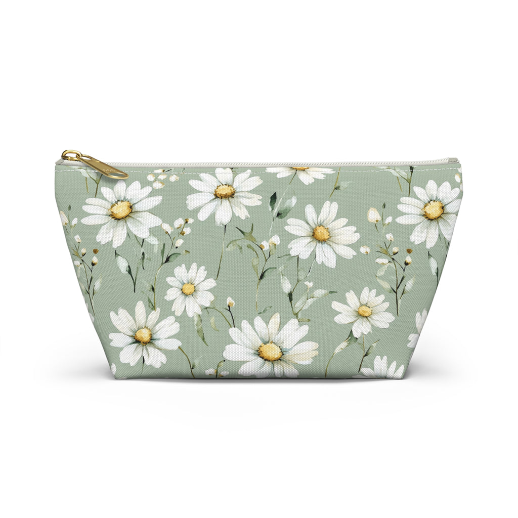 White Daisy Pattern Accessory Pouch | Floral Cosmetic Bag