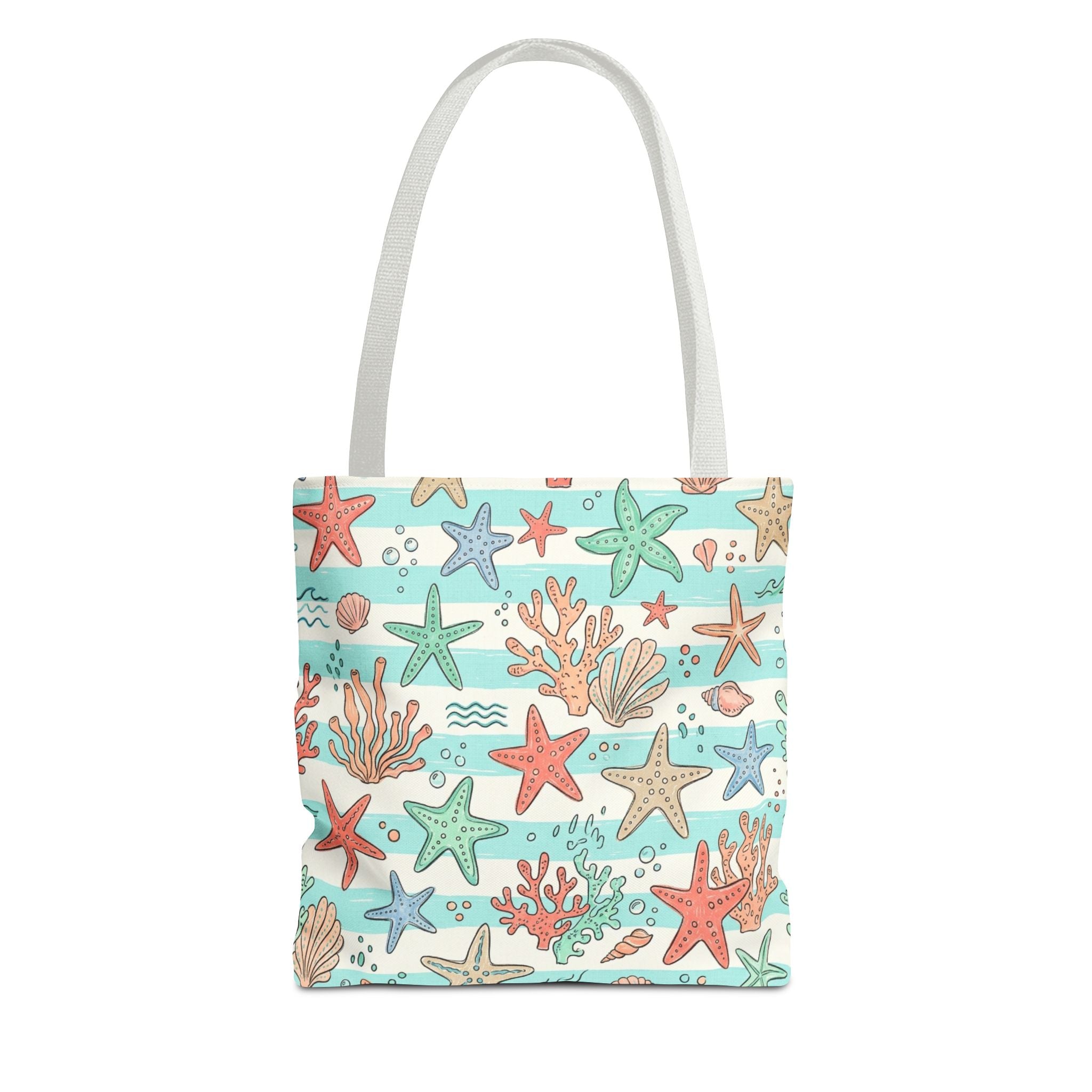Starfish Coral Pattern Tote Bag | Beach Sea Life Striped Nautical Design
