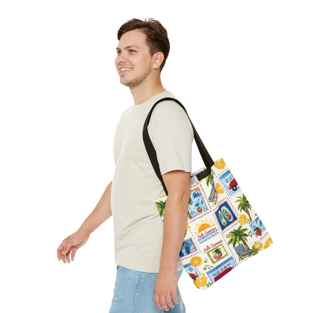 Hello Summer collage Tote Bag | beach palm trees flip flops camper van
