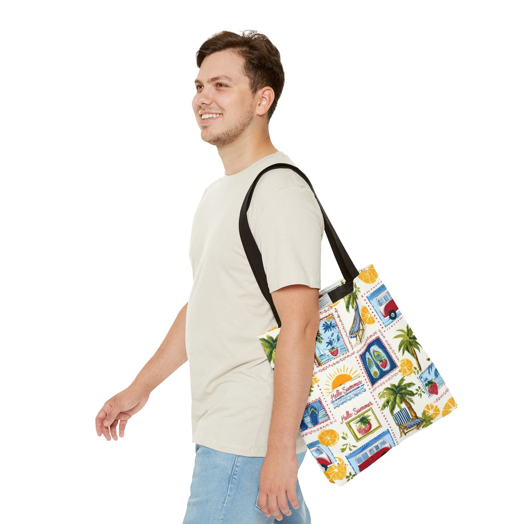 Hello Summer collage Tote Bag | beach palm trees flip flops camper van