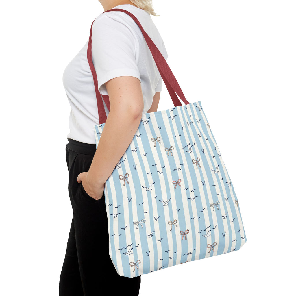 Blue Striped Bows and Birds Tote Bag