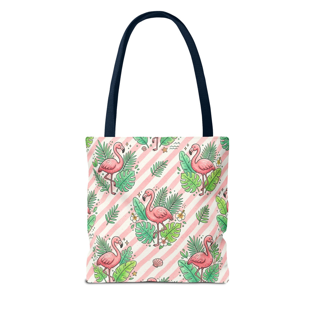 Pink Flamingo Pattern Tote Bag | Tropical Leaves Striped All-Over Print