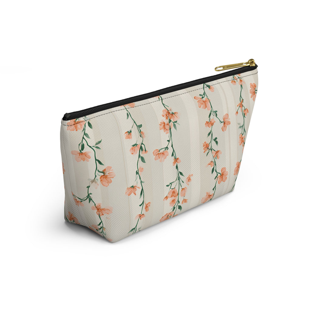 Peach Floral Vines Accessory Pouch | T-Bottom Makeup Bag