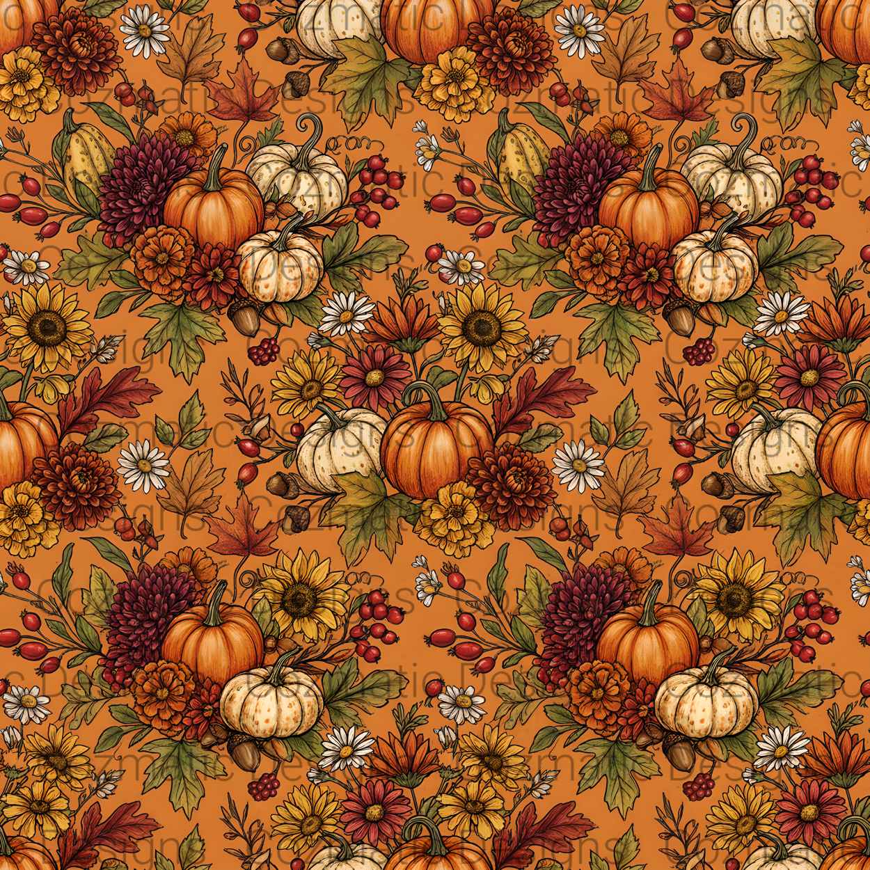 Fall Pumpkin Floral Seamless Pattern PNG | Autumn Harvest Design | Digital Download for Sublimation & Crafts