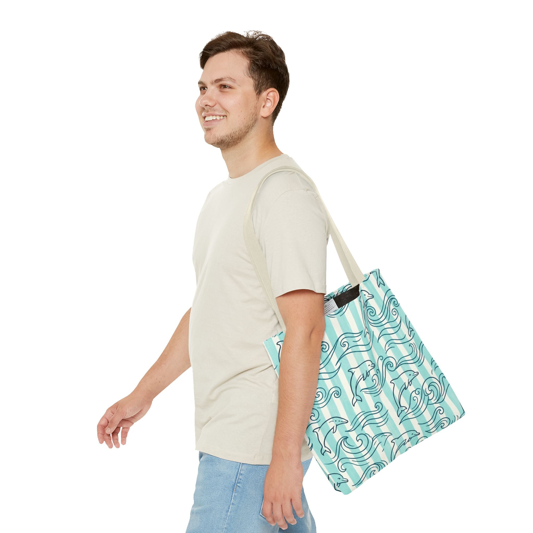 Dolphin Wave Pattern Tote Bag | Aqua Striped Ocean Design