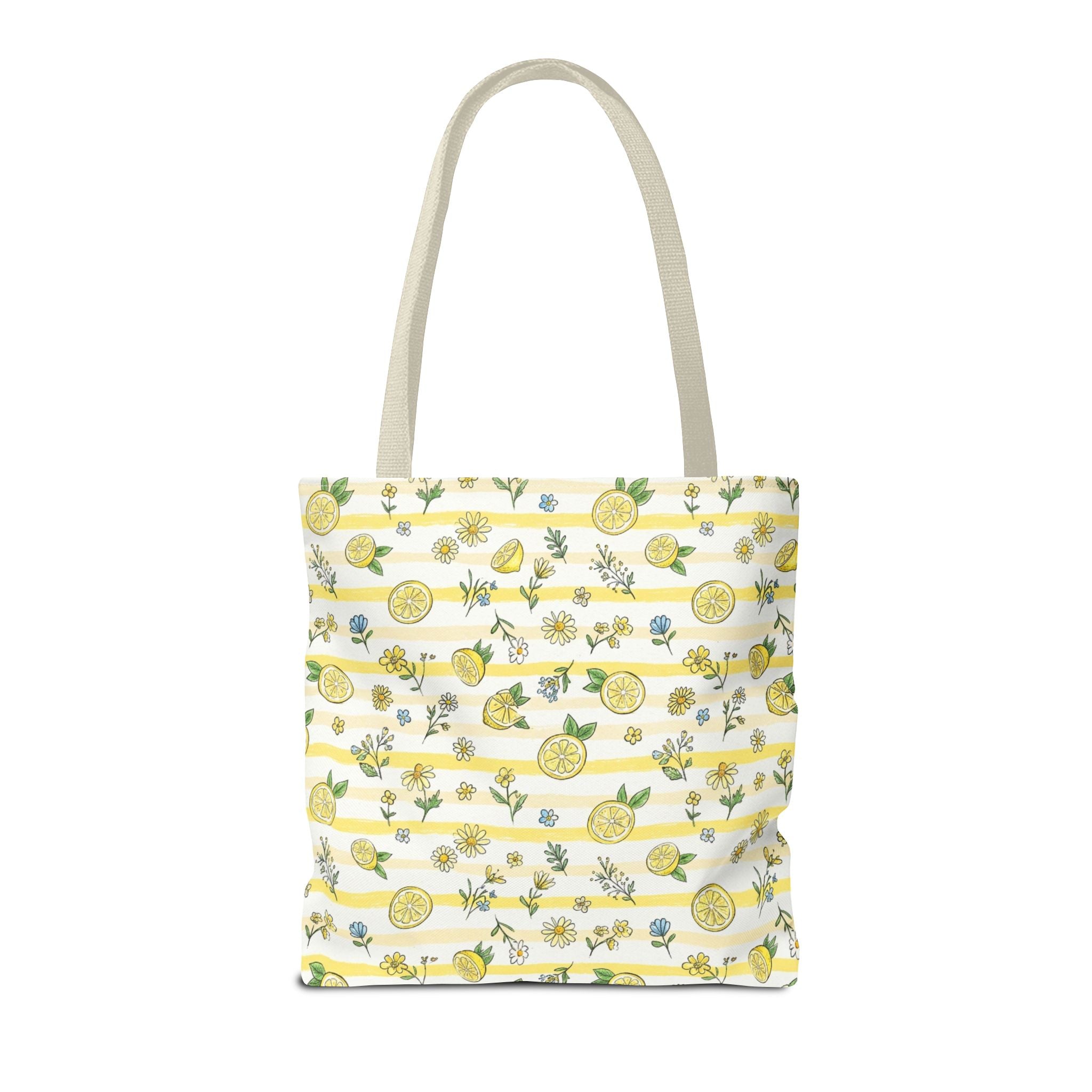 Lemon Stripe Pattern Tote Bag | Citrus Floral All-Over Print