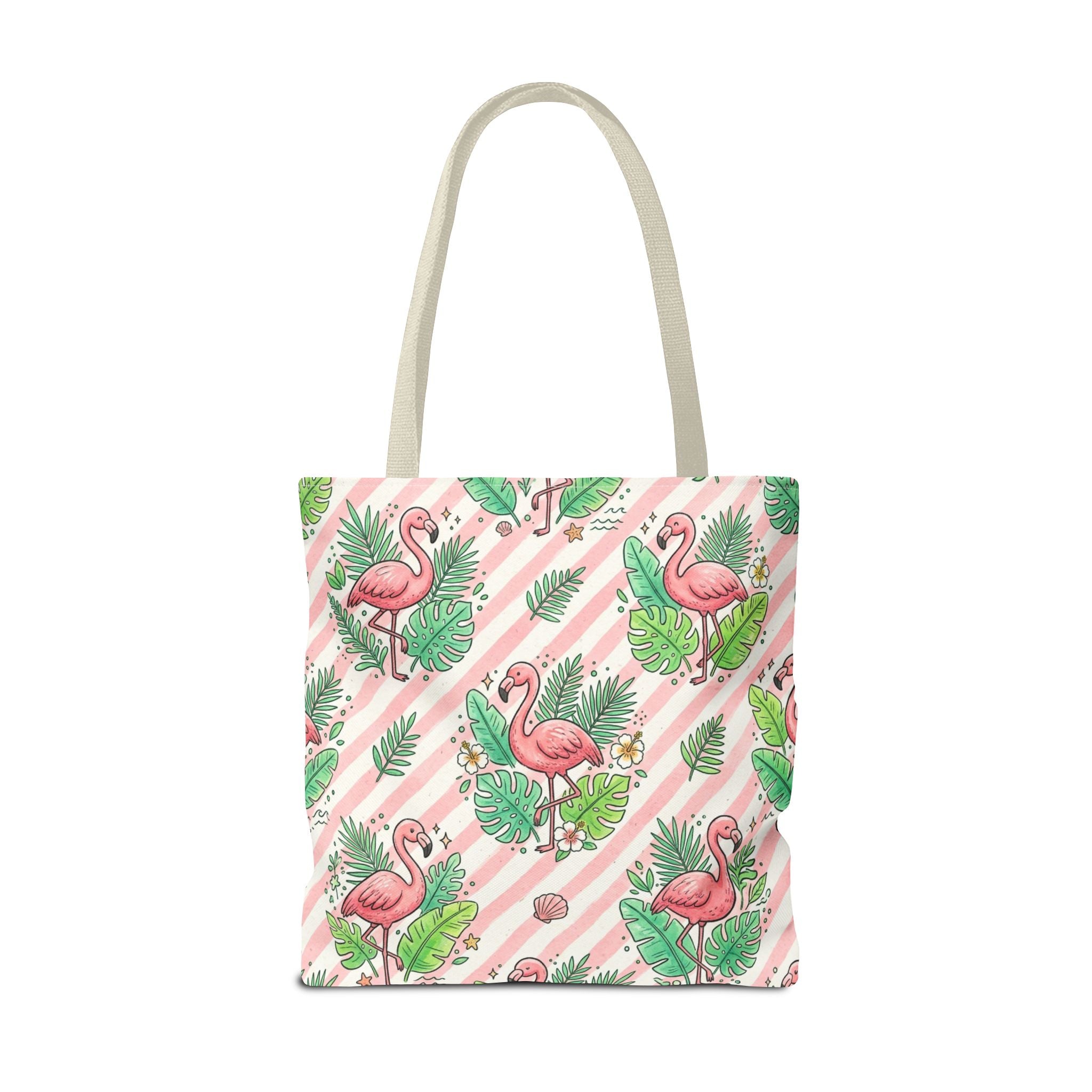 Pink Flamingo Pattern Tote Bag | Tropical Leaves Striped All-Over Print