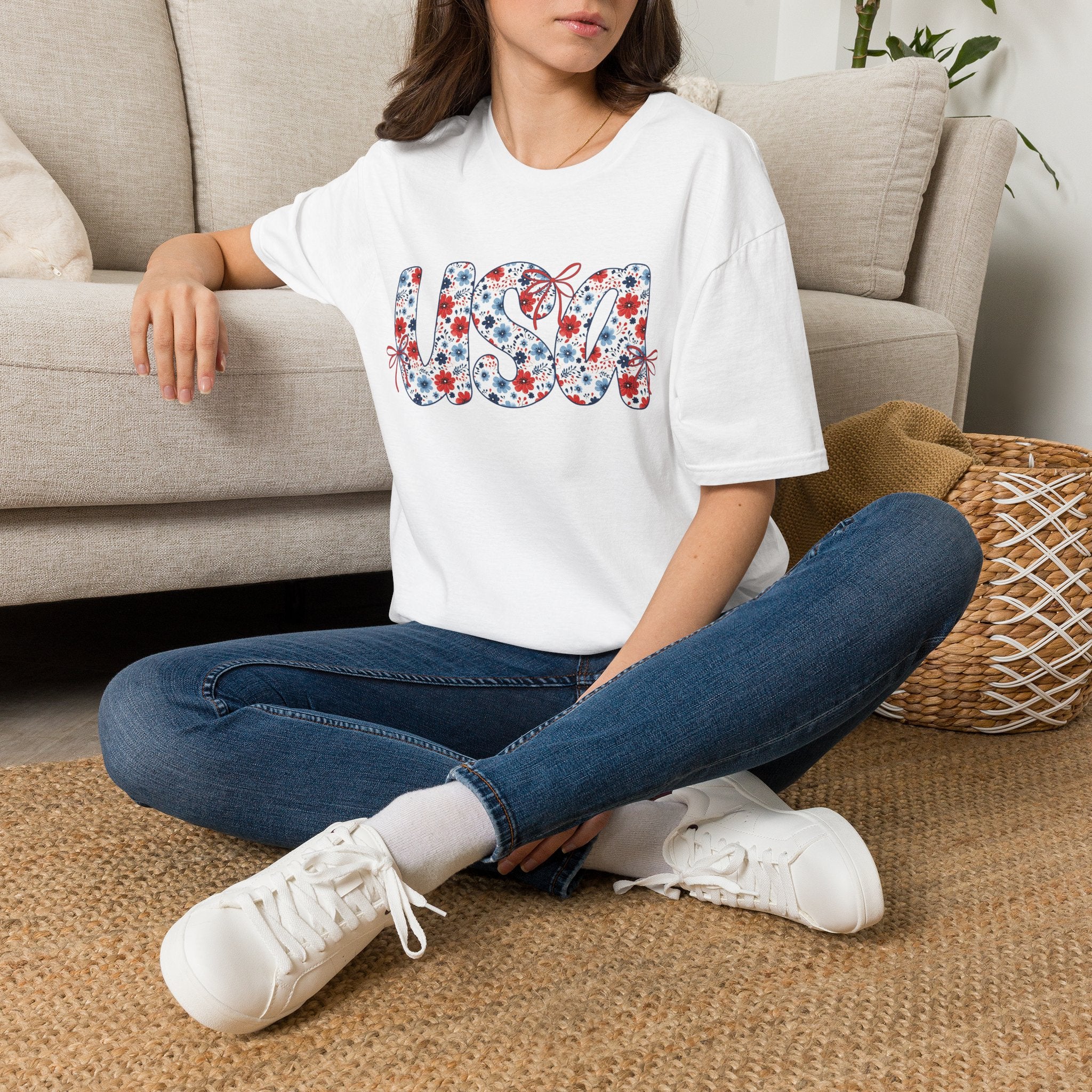 USA floral letters T-Shirt | Patriotic 4th of July design