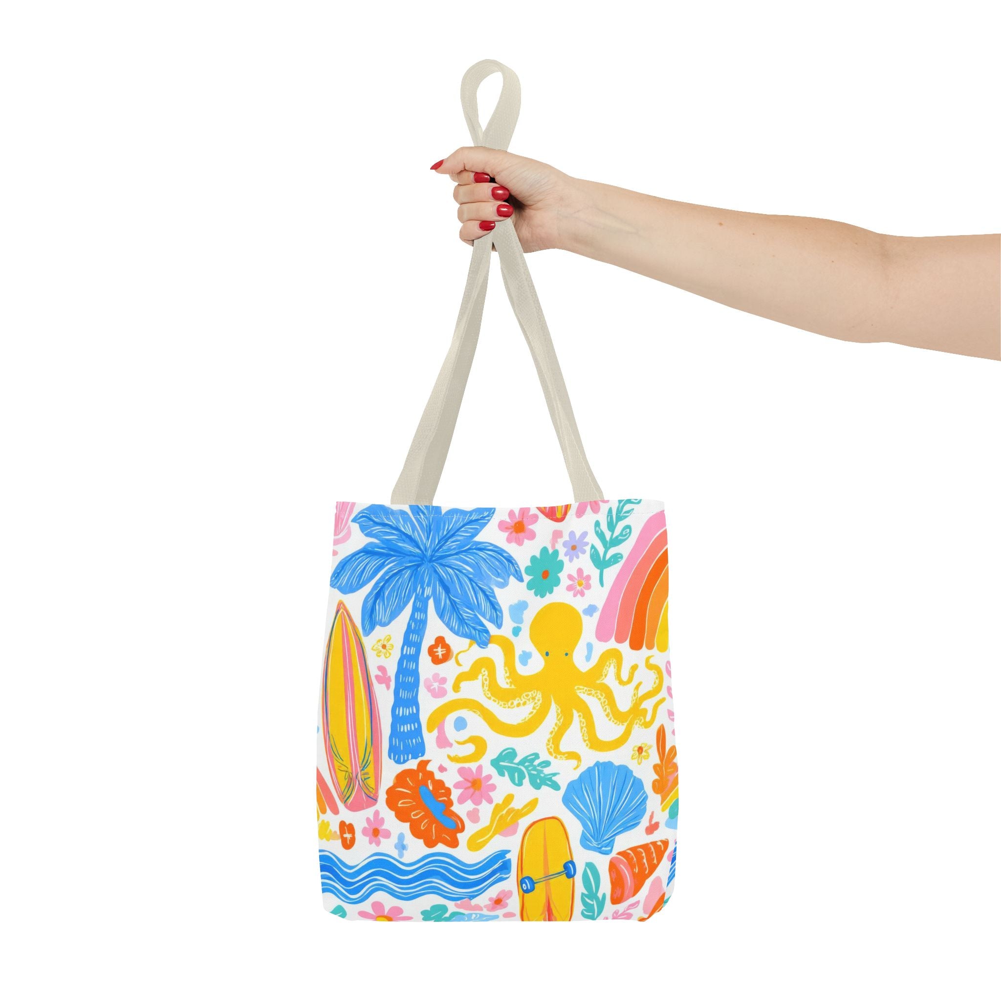 Colorful Beach Octopus Tote Bag | Tropical Palm, Surfboard, Rainbow Print