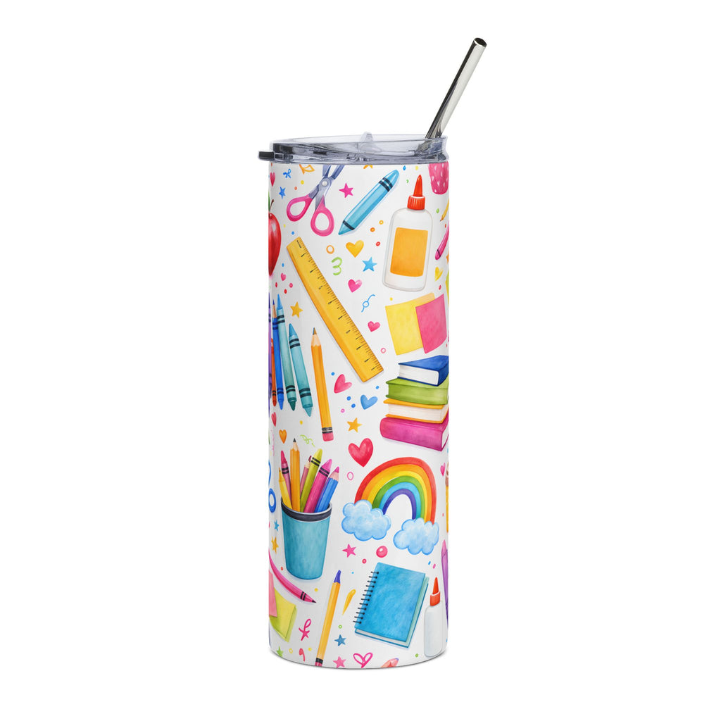20oz Stainless Steel Tumbler — Colorful School Supplies Pattern (Crayons, Rainbows, Apple)